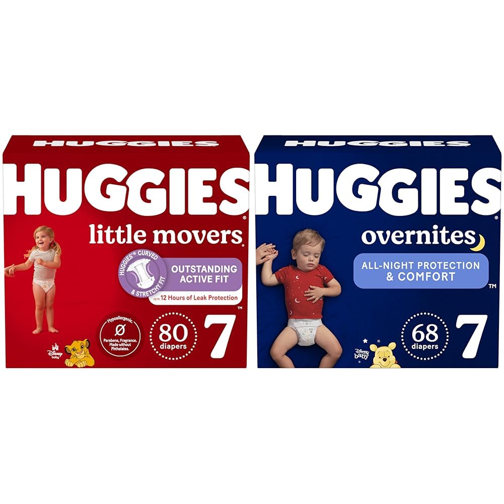 Huggies Little Movers Size 7 Disposable Baby Diapers - 80 Count Pack (1 Month Supply) & Overnites Nighttime Diapers Size 7 (41+ lbs) - 68 Count - Ultra Absorbent for Active Babies - Perfect for Daytime Play & Overnight Protection