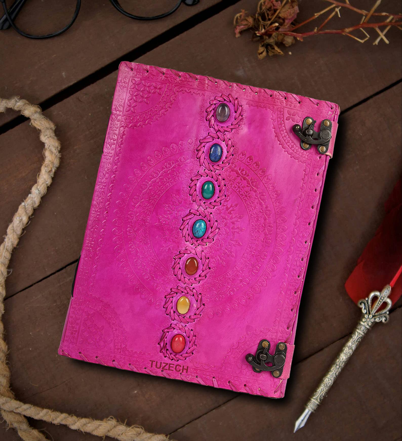 TUZECH Seven Chakra Medieval Stone Embossed Handmade Jumbo Leather Journal - 18 Inch Pink Book of Shadows Notebook for Wicca, Office Diary, College Poetry & Sketching - Perfect for Gift Giving & Spiritual Practice