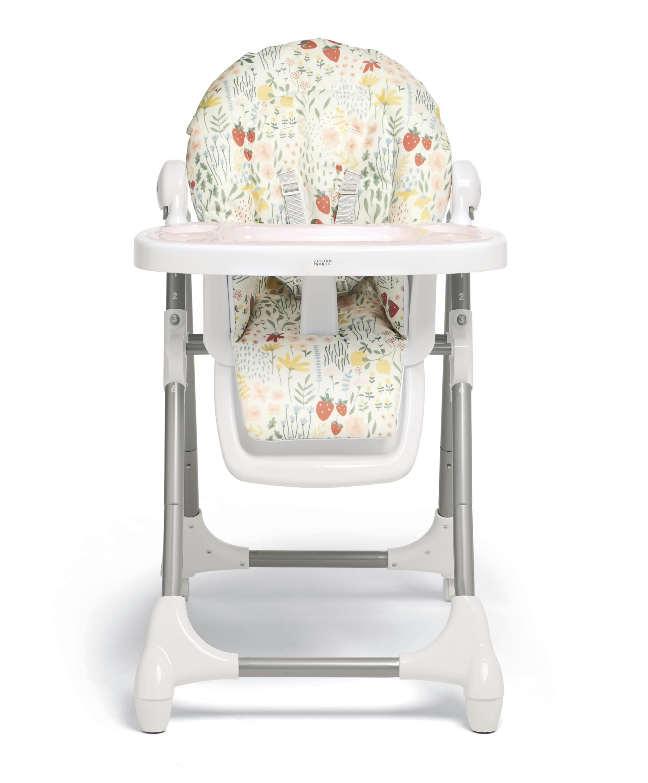 Mamas & Papas Snax Adjustable High Chair with Reclining Seat, Foldable Design & Removable Tray - Fruit Garden Pattern | Baby Feeding Chair for Home, Restaurant & Travel Use