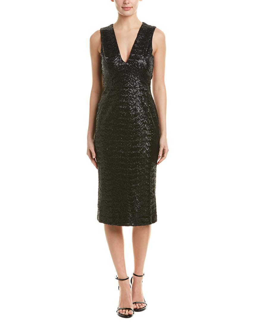 Dress the Population Women's Rani Plunging Sequin Fitted Midi Sleeveless Sheath Dress - Elegant Evening Gown for Parties, Weddings & Special Occasions