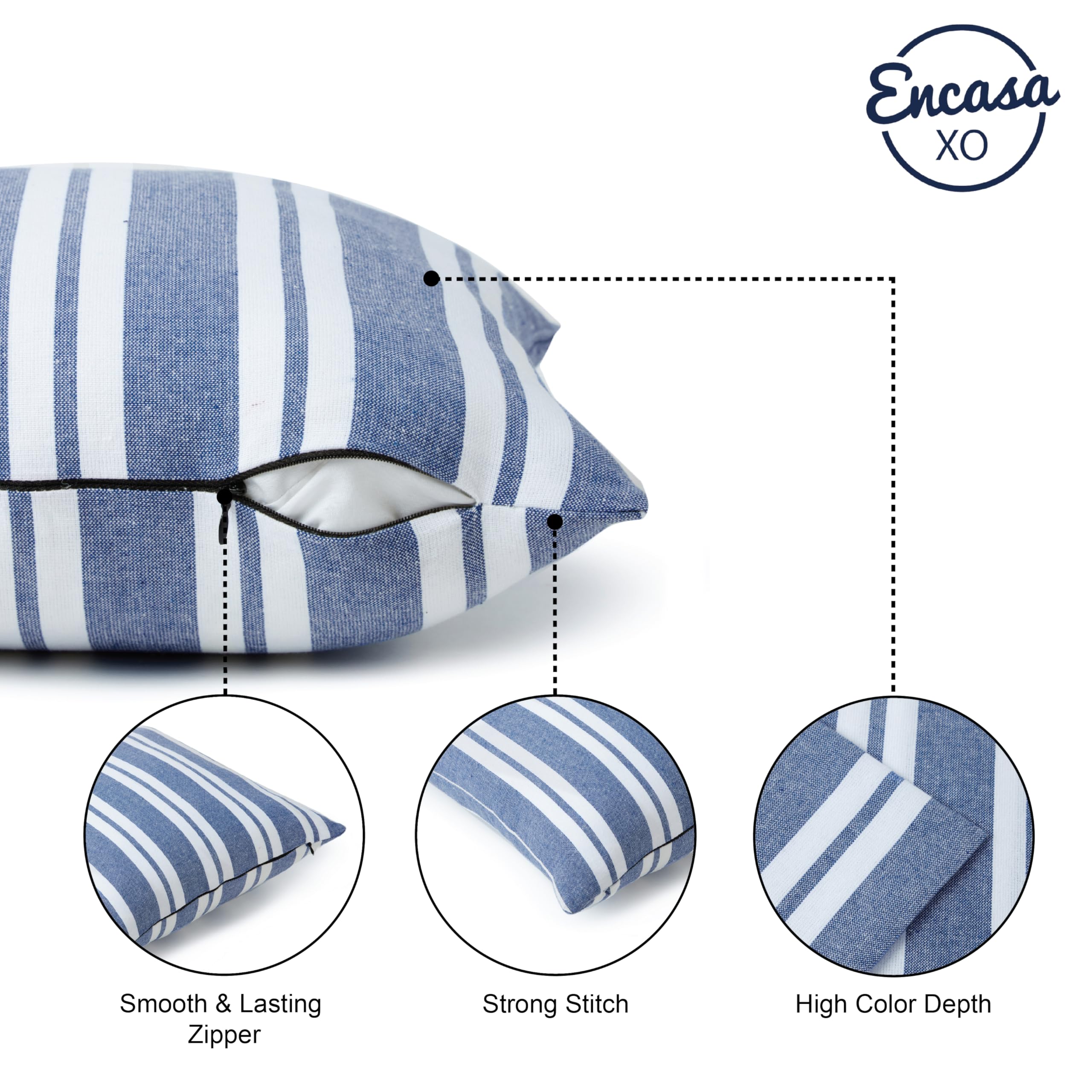 Encasa XO Farmhouse Throw Pillow Covers Set of 2 - 12x20 Inch Blue Striped Decorative Cushion Covers | No Inserts | Plaid & Striped Pillow Covers for Living Room, Couch, Sofa, Bedroom | Farmhouse Decor, Home Accent, Cozy Living Room Accessories