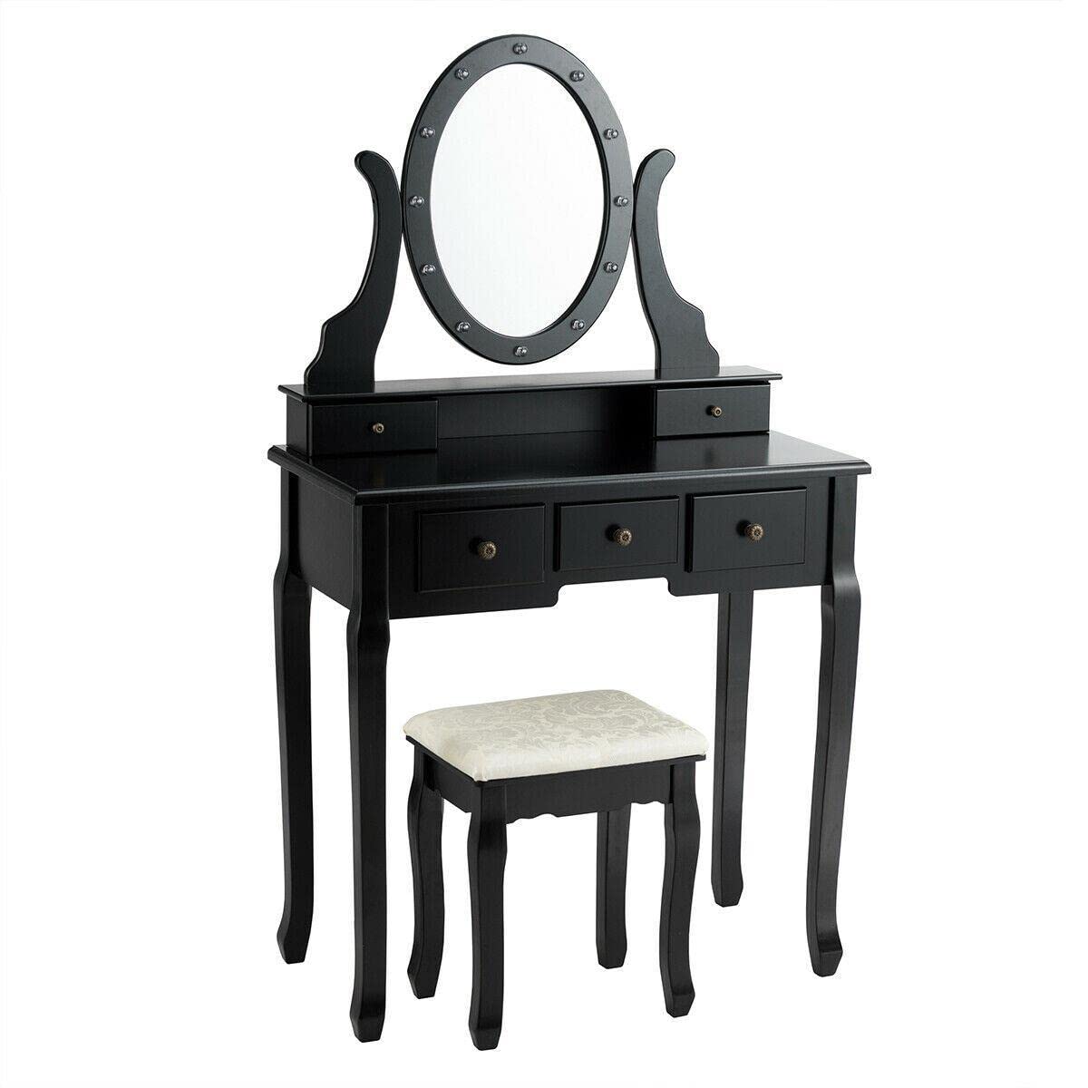 Professional Vanity Set with 12 LED Bulbs & 5 Drawers - Black Makeup Dressing Table, Portable Vanity Desk for Bedroom, Perfect for Makeup Application, Skincare Routine, and Hair Styling at Home
