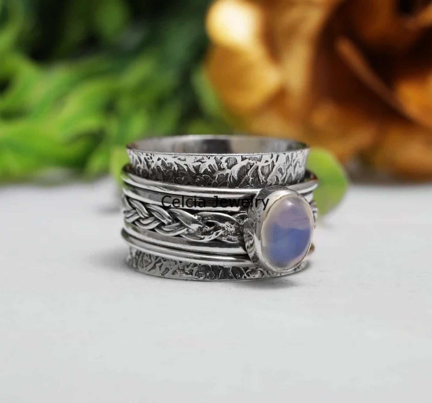 Moonstone Cabochon Oval Spinning Ring - Handmade Unisex Meditation & Fidget Ring for Anxiety Relief - Delicate June Birthstone Jewelry (US Size 7) - Perfect for Stress Relief, Mindfulness Practice & Everyday Wear