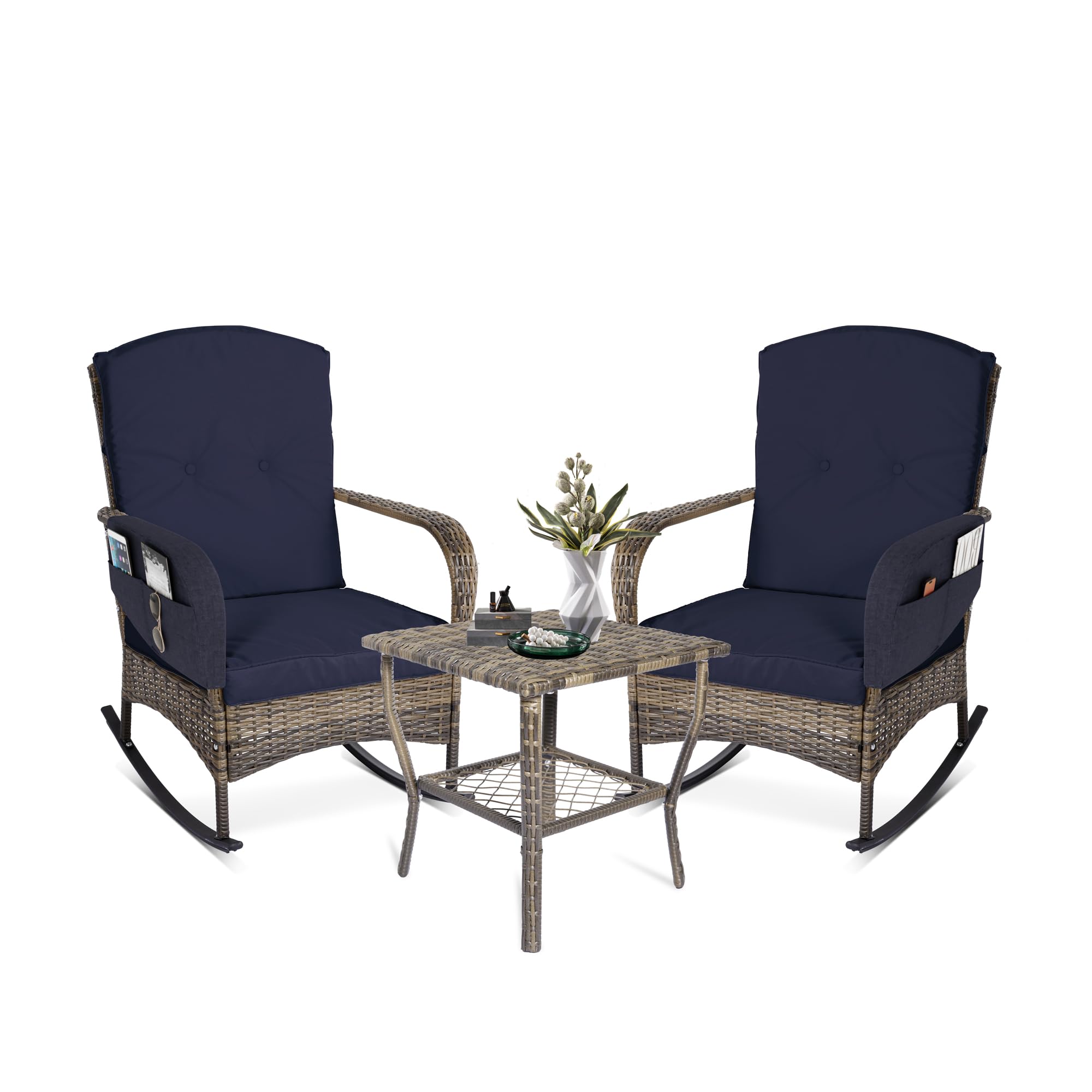 MAXPRIME 3-Piece Outdoor Wicker Rocking Chair Set with Cushions - Patio Furniture for Porch, Backyard, Garden & Bistro - Blue Rattan Rocking Chairs for Relaxing, Lounging & Outdoor Entertaining
