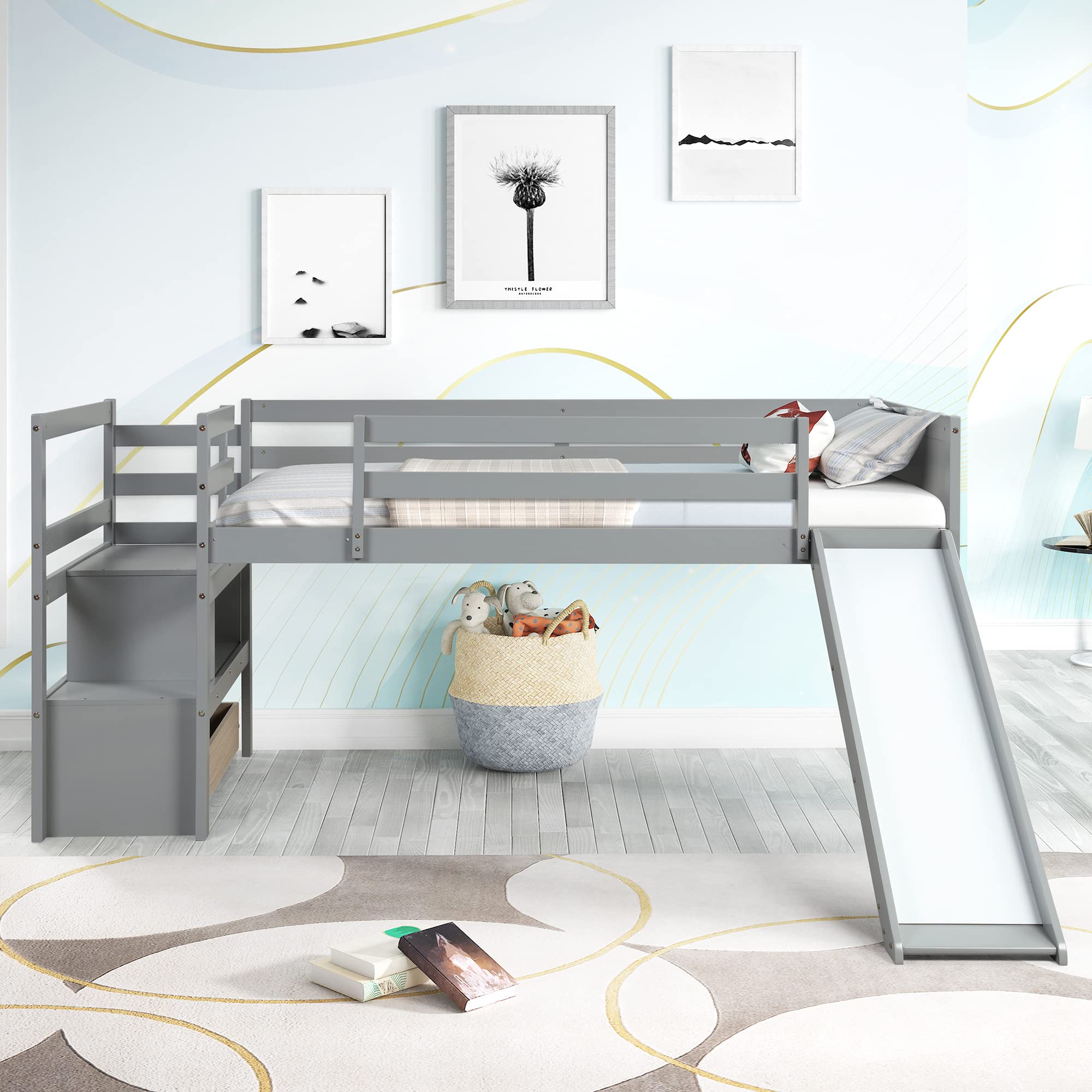 **Twin Loft Bed with Stairs & Slide - Wooden Kids Loft Bed with Storage Drawer, Shelf & Safety Guardrails - Low Junior Loft Bed Frame for Girls & Boys - No Box Spring Needed - Grey - Perfect for Small Bedrooms & Playrooms**
