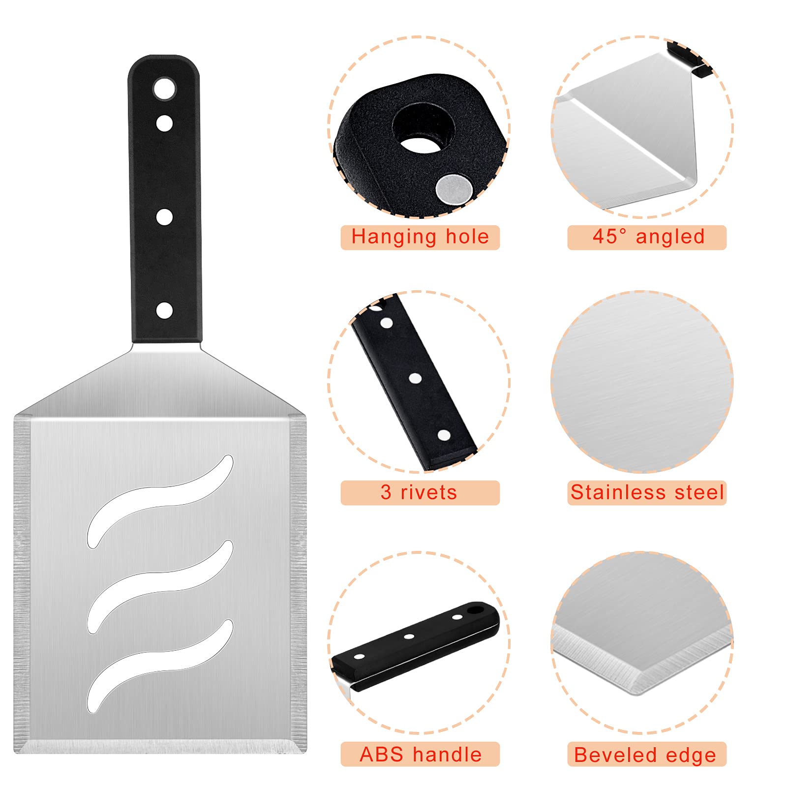 Premium Stainless Steel Spatula Set - Heavy Duty BBQ Griddle Turner, Hamburger Flipper & Pancake Spatula with Ergonomic ABS Handle for Teppanyaki, Flat Top Grill, Outdoor Cooking - Dishwasher Safe & Includes 2 Hooks for Storage - Perfect for Backyard BBQs, Camping & Commercial Kitchen Use