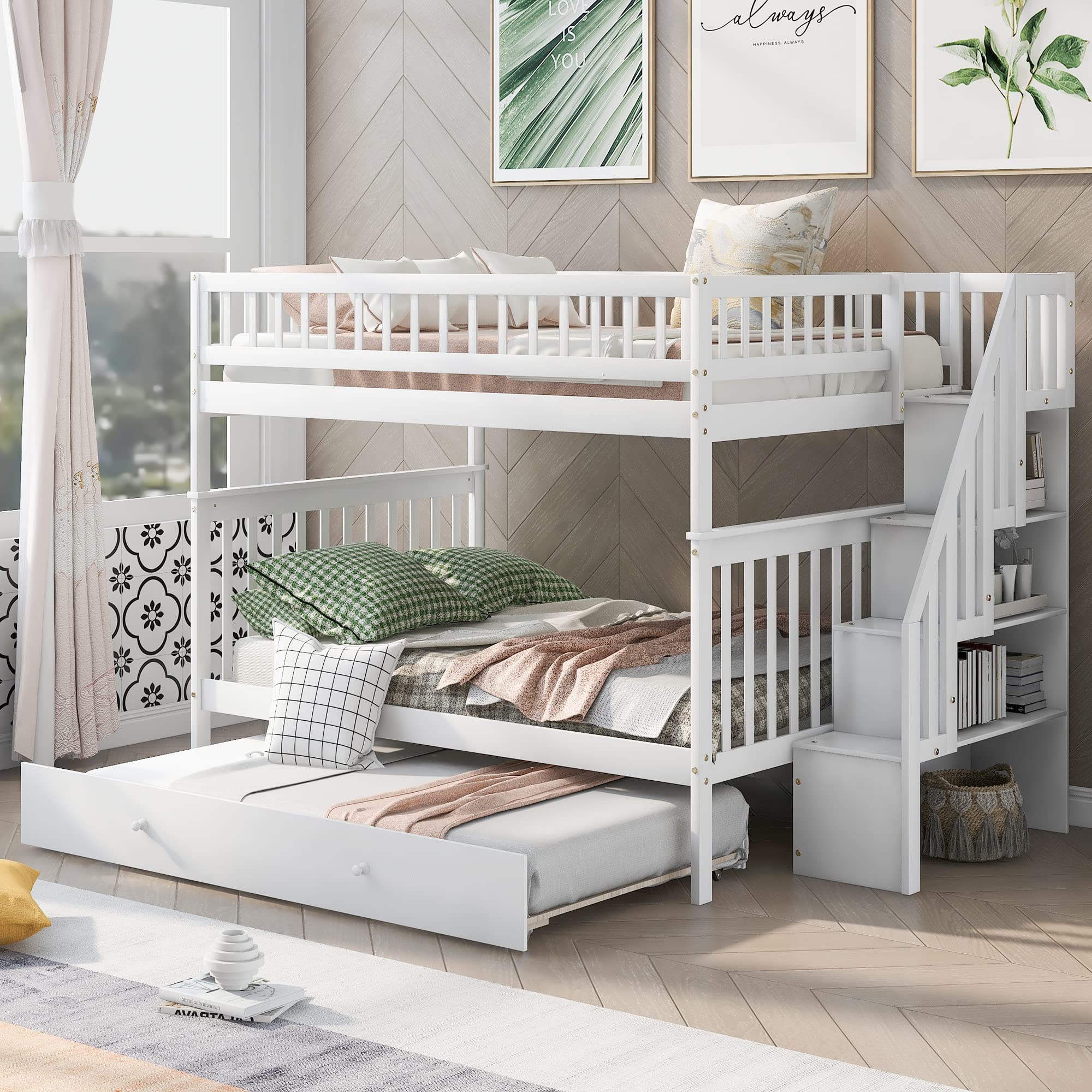 Harper & Bright Designs Full Over Full Bunk Bed with Trundle & Staircase - Solid Wood Bunk Bed for Kids, Teens & Adults - Space-Saving Bedroom Solution (White) - Perfect for Guest Rooms, Dorms & Small Spaces