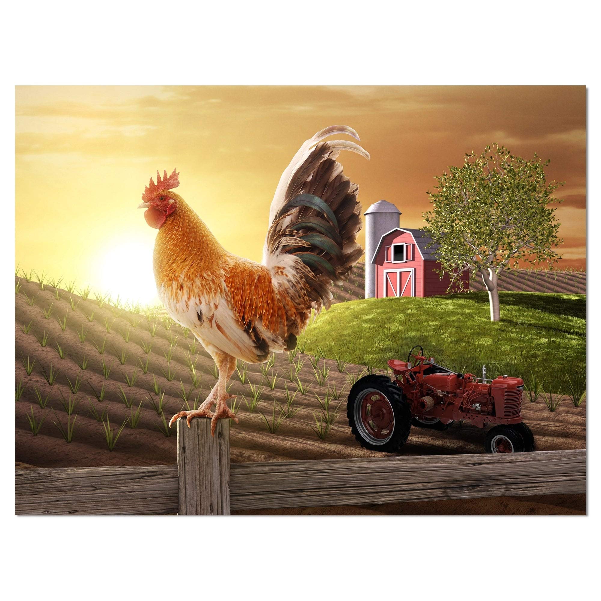 DESIGN ART 'Country Farm Morning' Farmhouse Animal Canvas Wall Art - Brown 40x30 Inch Wrapped Canvas Painting for Living Room, Bedroom & Country Style Home Decor