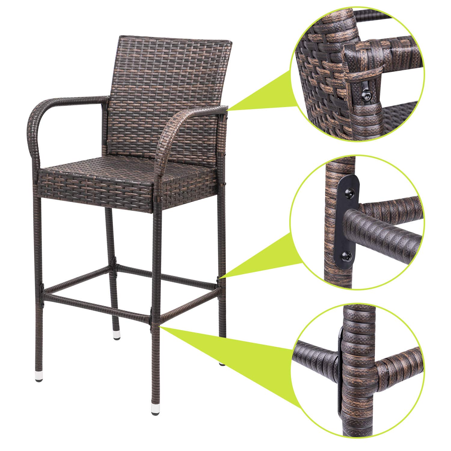 Homall 2-Pack Brown Wicker Bar Stools with Footrest & Armrest - Indoor Outdoor Patio Furniture for Garden, Pool, Lawn, Backyard - Perfect for Entertaining, Dining & Relaxing