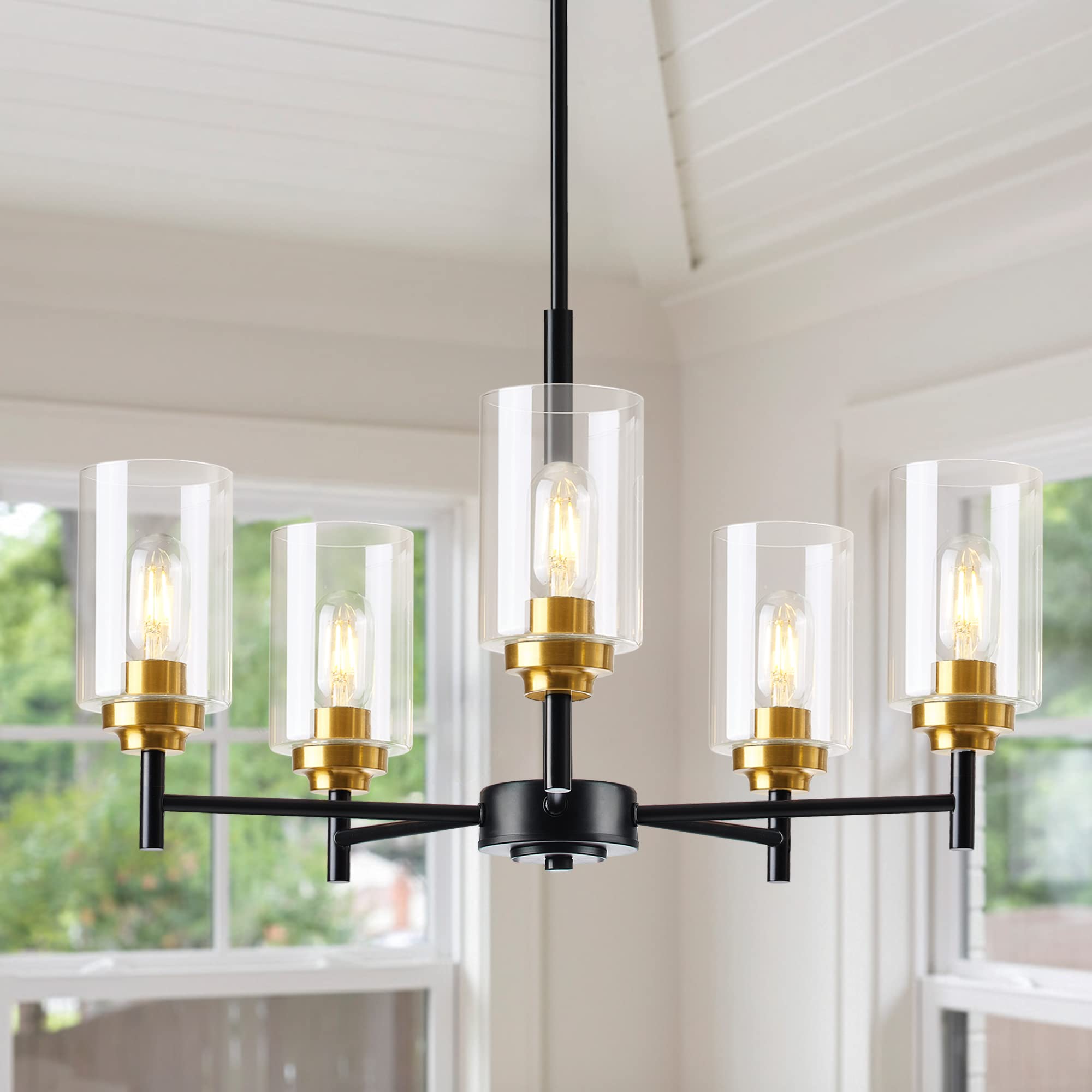 5-Light Glass Farmhouse Chandelier - Modern Black & Gold Pendant Lighting for Dining Room, Kitchen Island, Foyer, Living Room & Bedroom | Elegant Ceiling Fixture for Home Decor & Dining Ambiance