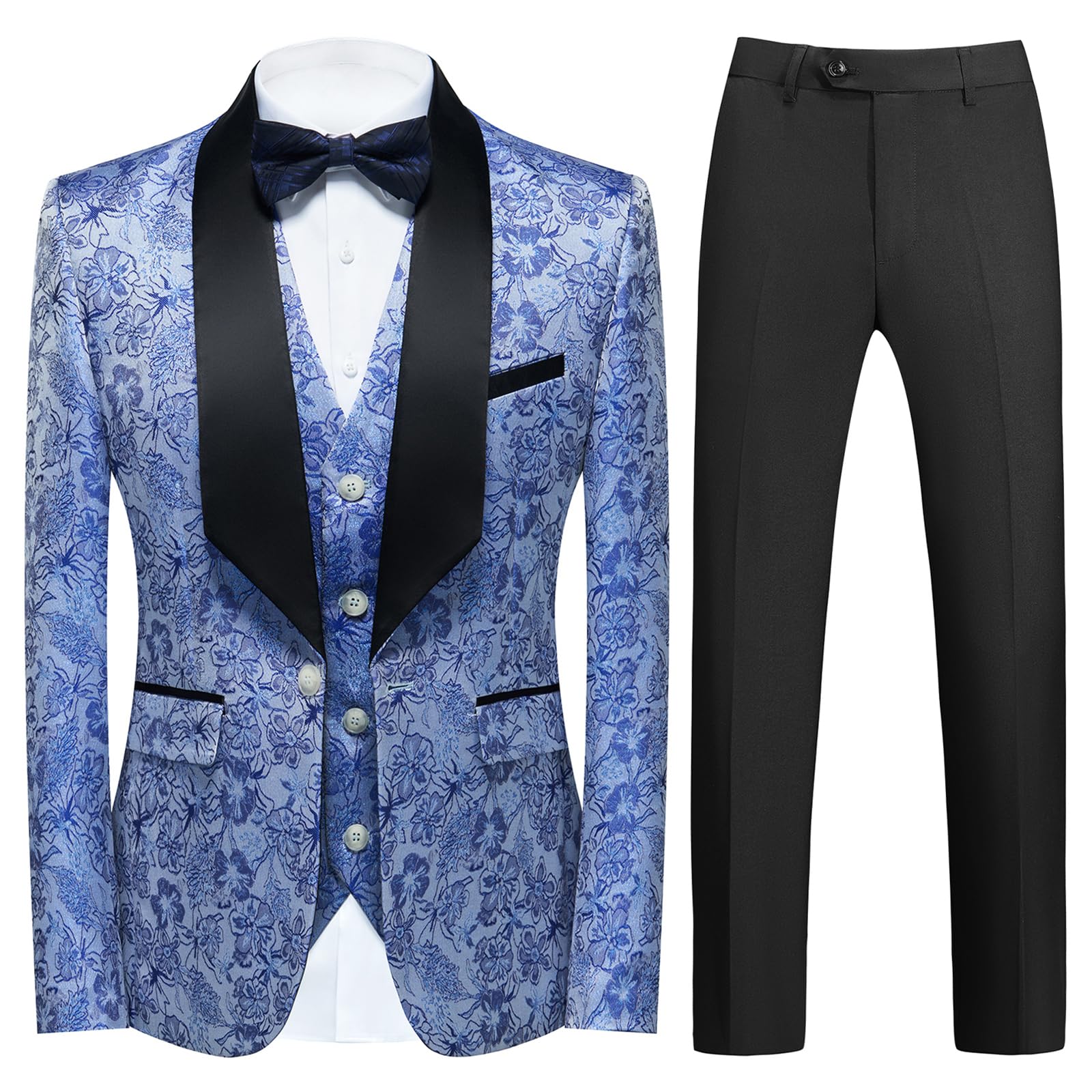 Men's 3-Piece Tuxedo Suit Set - Regular Fit Floral Pattern Blazer Jacket with Waistcoat & Pants | Formal Wear for Weddings, Prom & Special Occasions