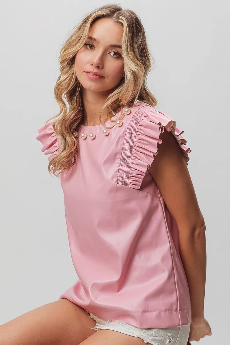 BiBi Leather Smocked Ruffled Top - Women's Fashion Blouse for Casual & Party Wear | Perfect for Date Nights, Office Outfits & Special Occasions