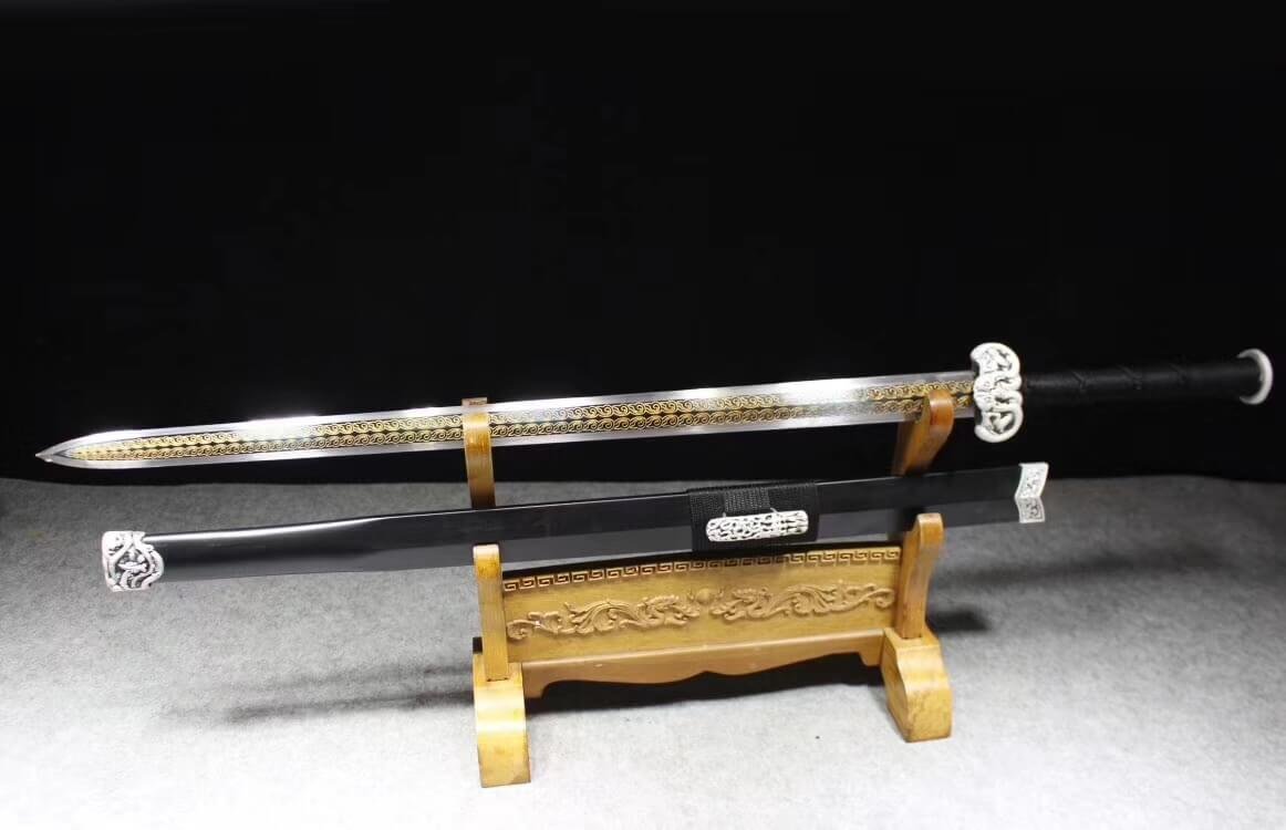 Hand Forged Chinese Han Jian Sword - High Manganese Steel Blade with Black Wood Handle & Alloy Fittings - Heat Tempered for Durability - Perfect for Martial Arts Training, Historical Reenactments, and Collection Display