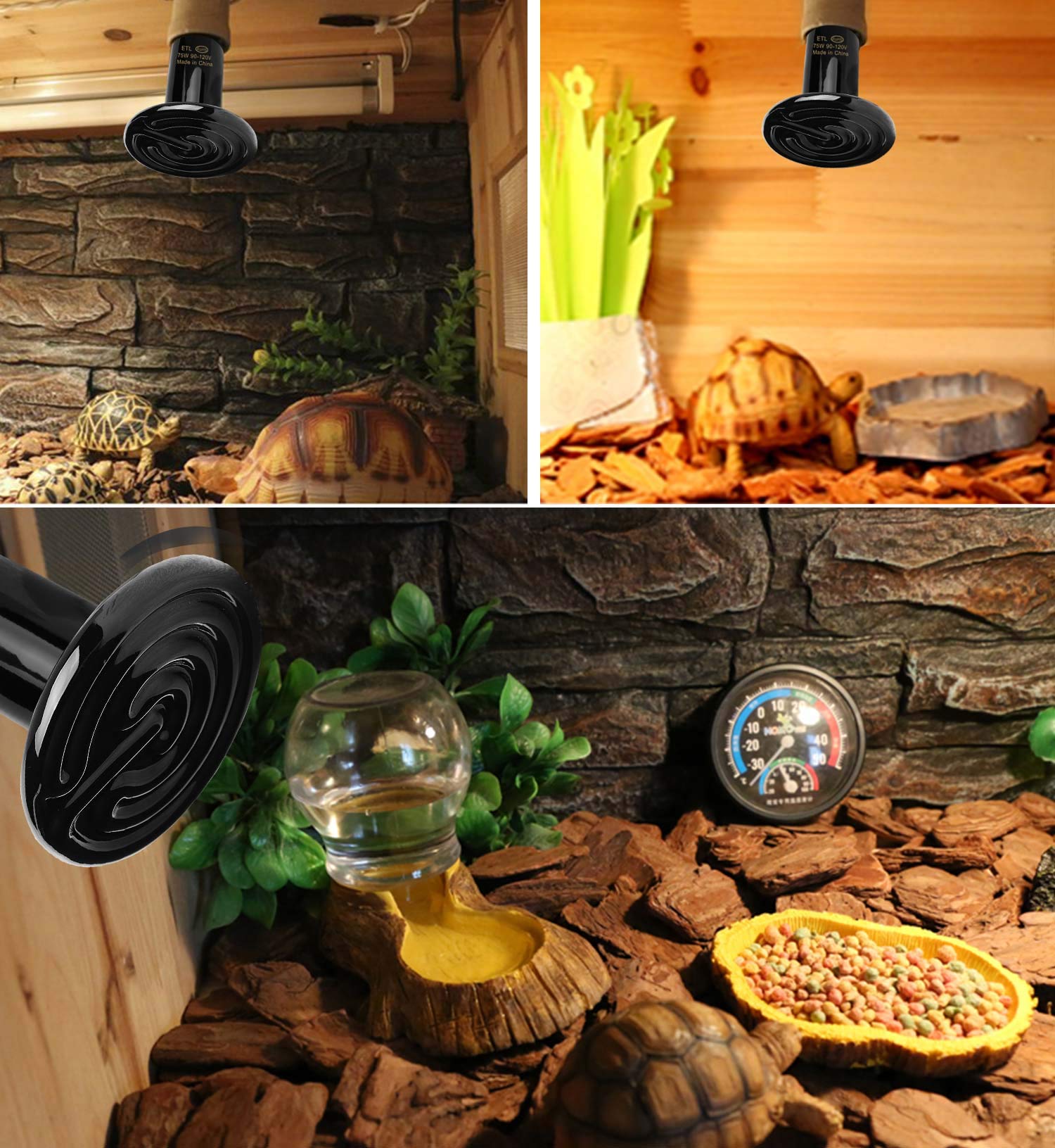 OMAYKEY 2-Pack 75W Ceramic Heat Emitter Bulbs with Digital Thermometer - Infrared Reptile Heat Lamp for Lizards, Turtles, Snakes, Amphibians & Chicken Coops - No Light Emission, Safe for Night Use - Perfect for Terrariums, Aquariums & Brooder Boxes