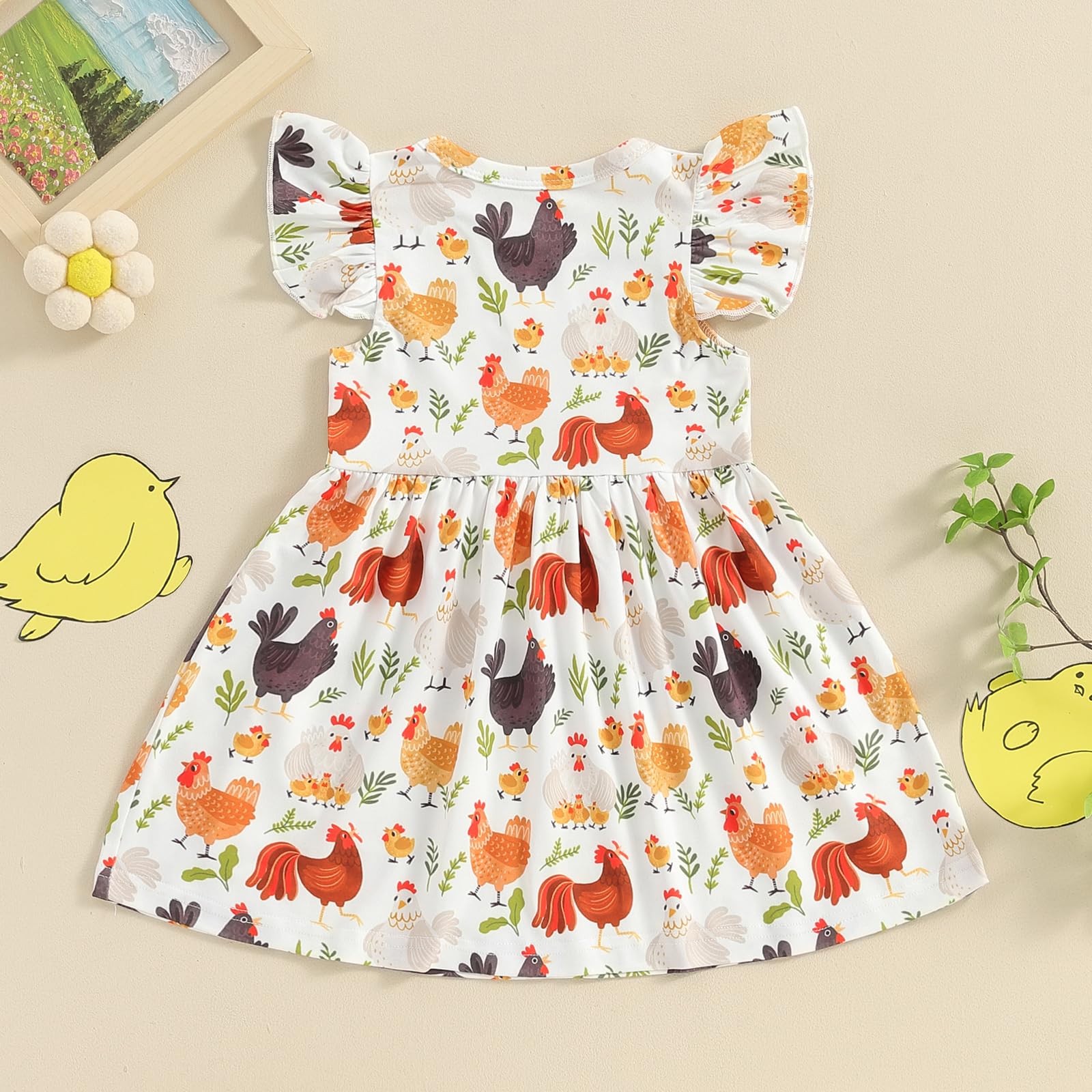 Funny Farm Chicken Flutter Sleeve Dress for Toddler Girls - Casual A-Line Sundress for Spring & Summer - Perfect for Playdates, Outdoor Adventures, and Family Photos