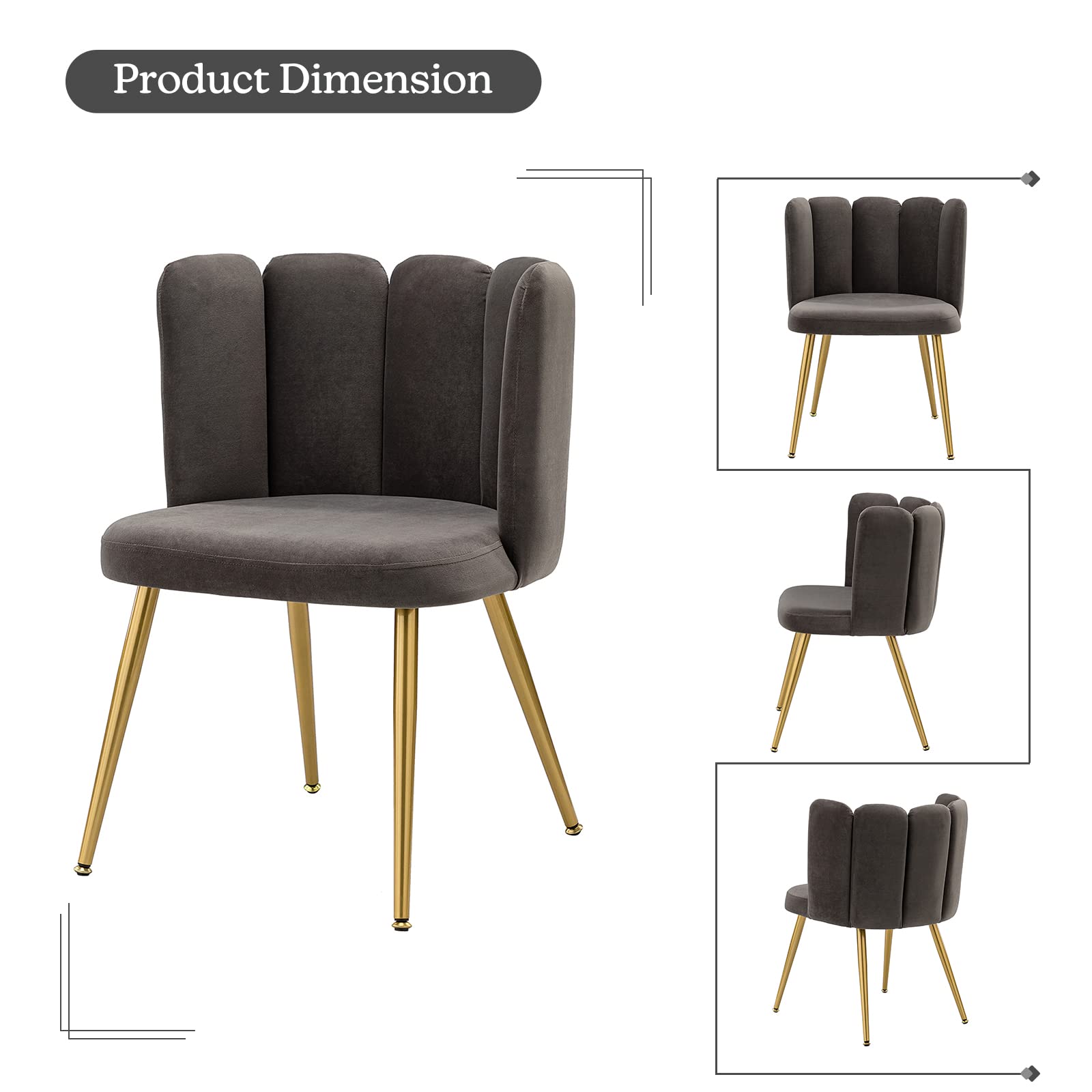 HULALA HOME Velvet Accent Chairs Set of 2 - Modern Upholstered Vanity Chair with Shell Back & Gold Metal Legs for Makeup Room, Living Room, Dining Room - Soft Grey Velvet Lounge Chairs for Bedroom, Office, Dressing Area