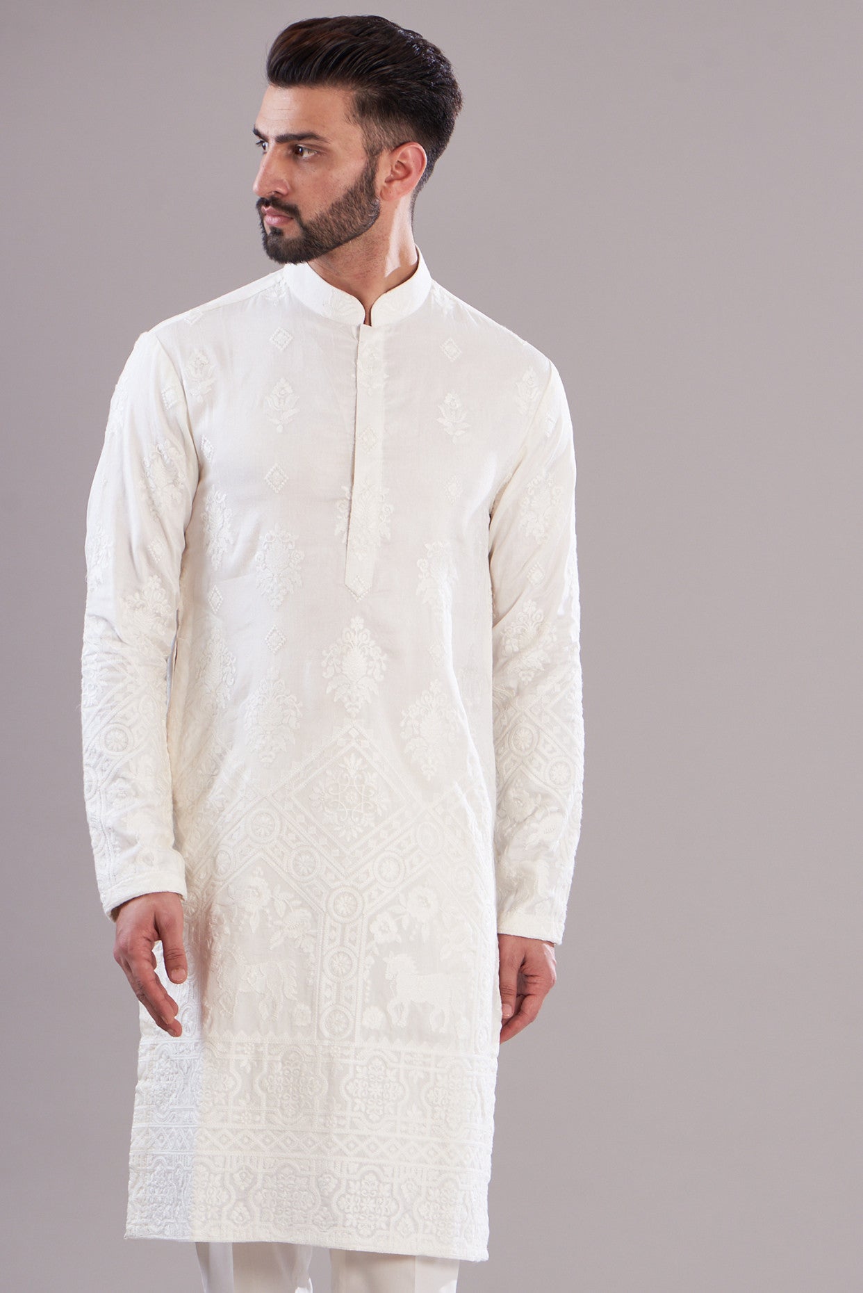 Elegant Ivory Embroidered Kurta for Women | Traditional Indian Threadwork Tunic | Perfect for Festivals, Weddings & Casual Wear