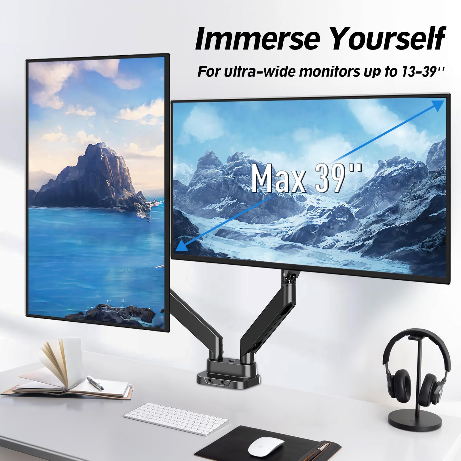 MOUNTUP Dual Monitor Stand for 13-39 Inch Screens - Adjustable Gas Spring Arms, Holds 4.4-33 lbs, VESA Compatible Desk Mount with USB Port - Perfect for Home Office, Gaming Setup & Workstation Ergonomics