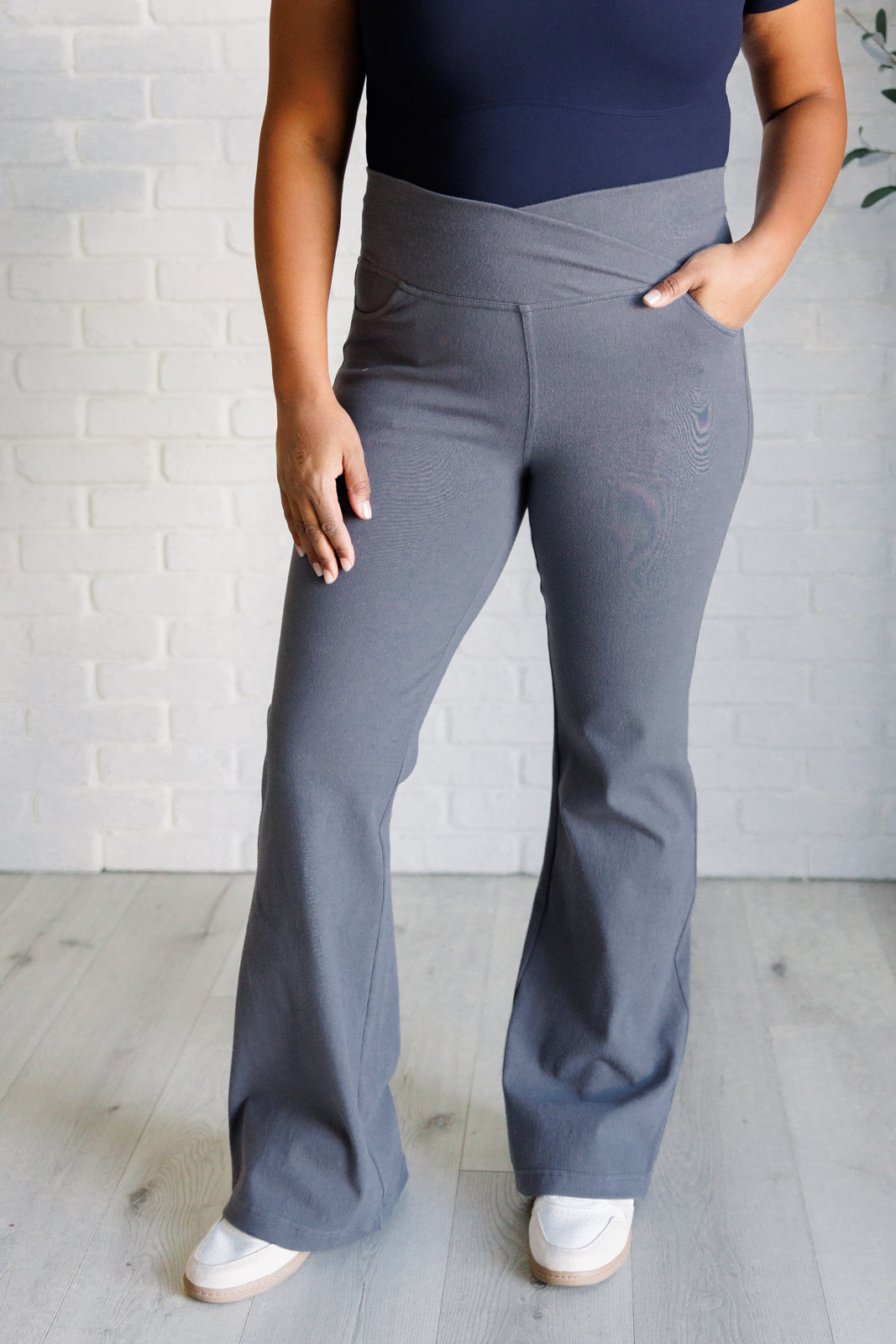 Stylish Titanium Twill Flared Crossover Waist Pants for Women - Comfortable & Trendy Office to Casual Wear