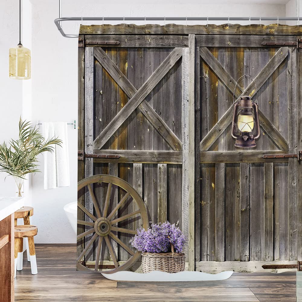 Rustic Barn Door Shower Curtain - Farmhouse Wood Plank Design, Vintage Retro Country Style Polyester Fabric Bathroom Decor Set with Hooks, 70W x 84H Inches - Perfect for Rustic, Farmhouse, and Vintage Themed Bathrooms