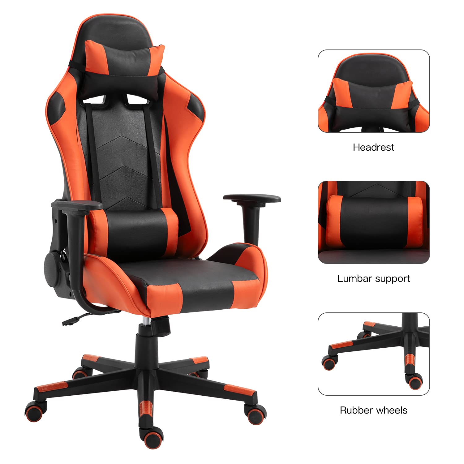 Ergonomic Gaming Chair with Adjustable Headrest & Lumbar Support - High Back Office Chair with 360° Swivel & Reclining Function - Black & Orange Racing Style Gamer Seat for Esports, Streaming & Home Office Workstation