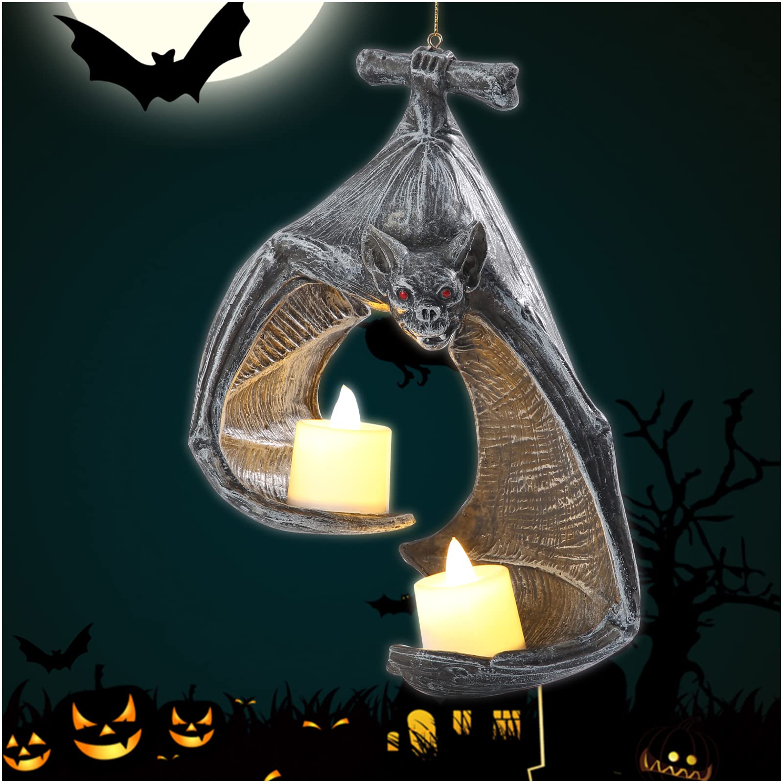 Halloween Bat Wall Tealight Holder - Gothic Bat Candle Sconce with Candles, Spooky Hanging Decor for Halloween Party, Home & Outdoor Decorations