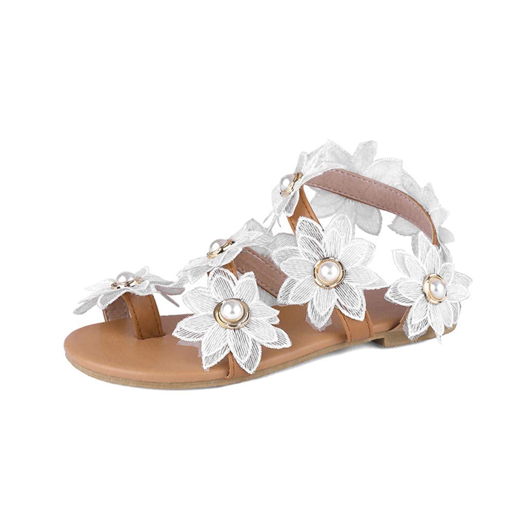 HINDOLA Women's Bohemian Rhinestone Pearl Flat Sandals - Stylish Thong Gladiator Open-Toe Dress Shoes for Summer, Beach, and Casual Outings