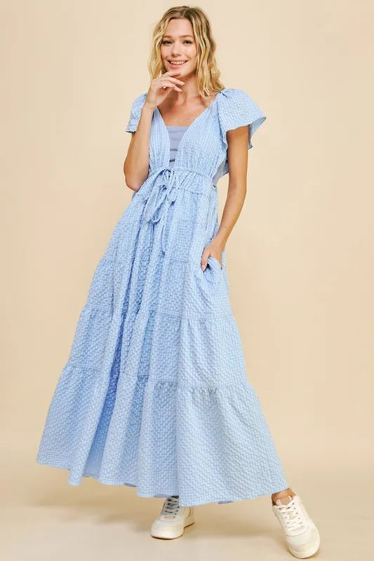 Crinkled Texture Blue Summer Midi Dress - Flowy Casual Beach Dress for Women | Perfect for Vacations, Parties & Outdoor Events