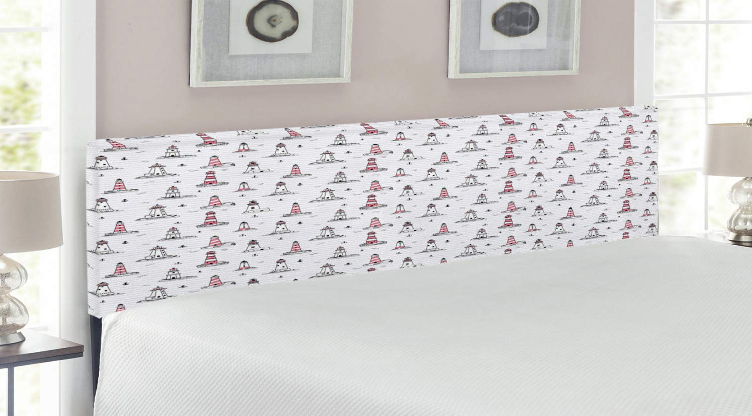 Ambesonne King Size Upholstered Lighthouse Headboard with Nautical Notebook Pattern - Seagulls & Anchors Doodle Design, Decorative Metal Bed Headboard with Memory Foam in Pink Lilac Black | Perfect for Coastal Themed Bedrooms, Guest Rooms & Nautical Decor