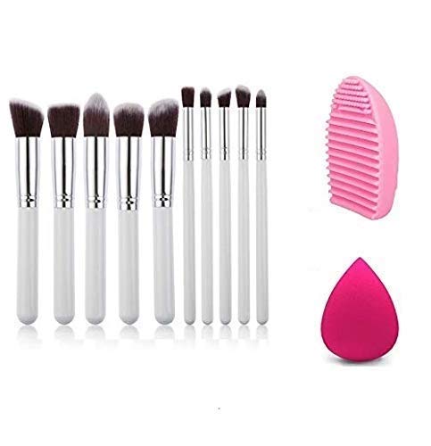 Lele Professional 10-Piece Makeup Brush Set with Sponge Puff & Brush Cleaner - Soft White Vegan Brushes for Foundation, Blending, Contouring | Perfect for Beginners & Professional Makeup Artists