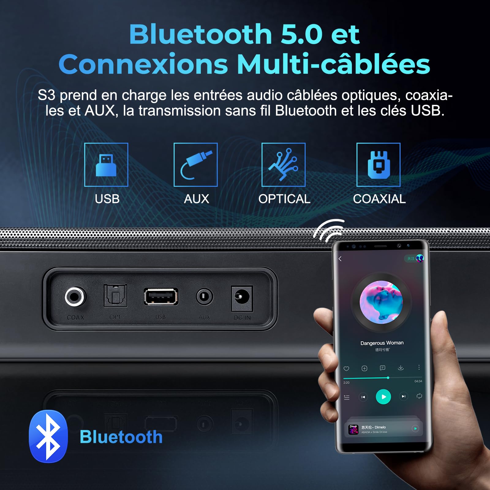 OXS S3 Soundbar for TV with Bluetooth 5.0, Dynamic Bass, 3D Surround Sound, Dialogue Enhancement - AUX/Optical/Coaxial Input, Multiple Sound Modes, Wall Mountable - Perfect for Home Theater & Movie Nights