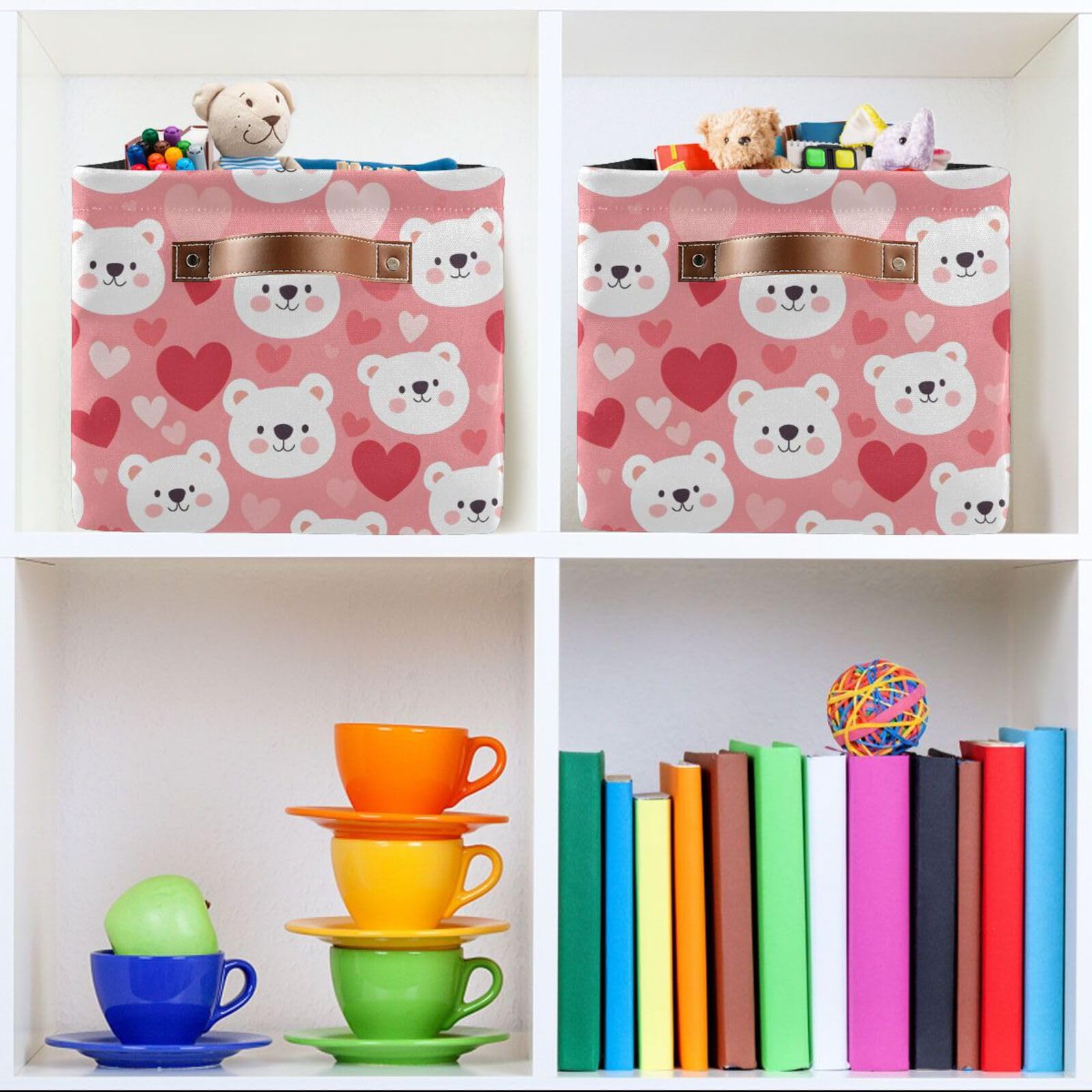 Kigai Bear Face Storage Bins for Shelves - Foldable Double Handle Storage Baskets with Metal Frame, Rectangular Closet Organizer Containers for Bedroom & Home Organization - Perfect for Toys, Blankets, and Seasonal Clothing Storage