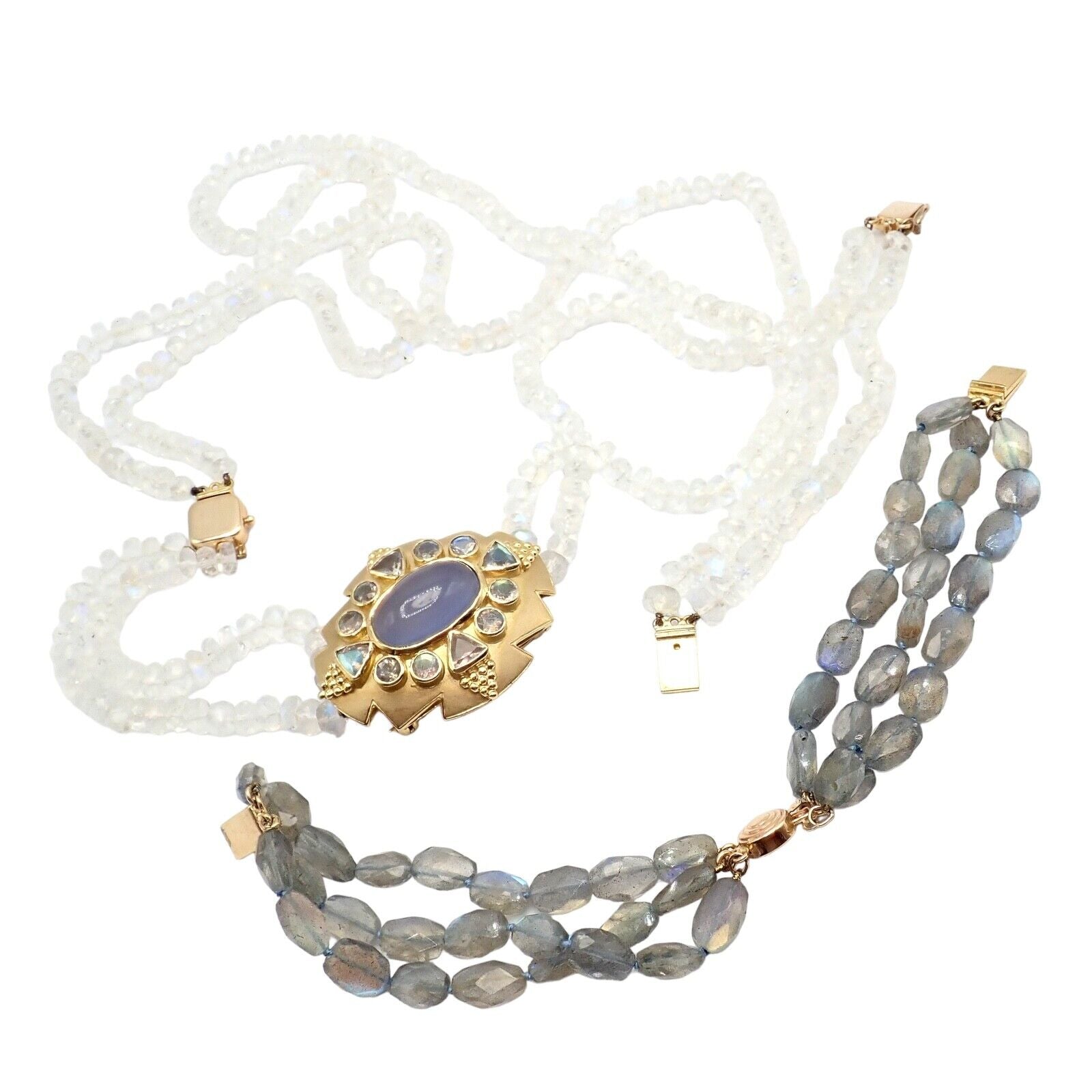 Paula Crevoshay 18k Gold Moonstone Chalcedony Jewelry Set - Brooch, Bracelet & Necklace OOAK for Special Occasions & Luxury Gifts