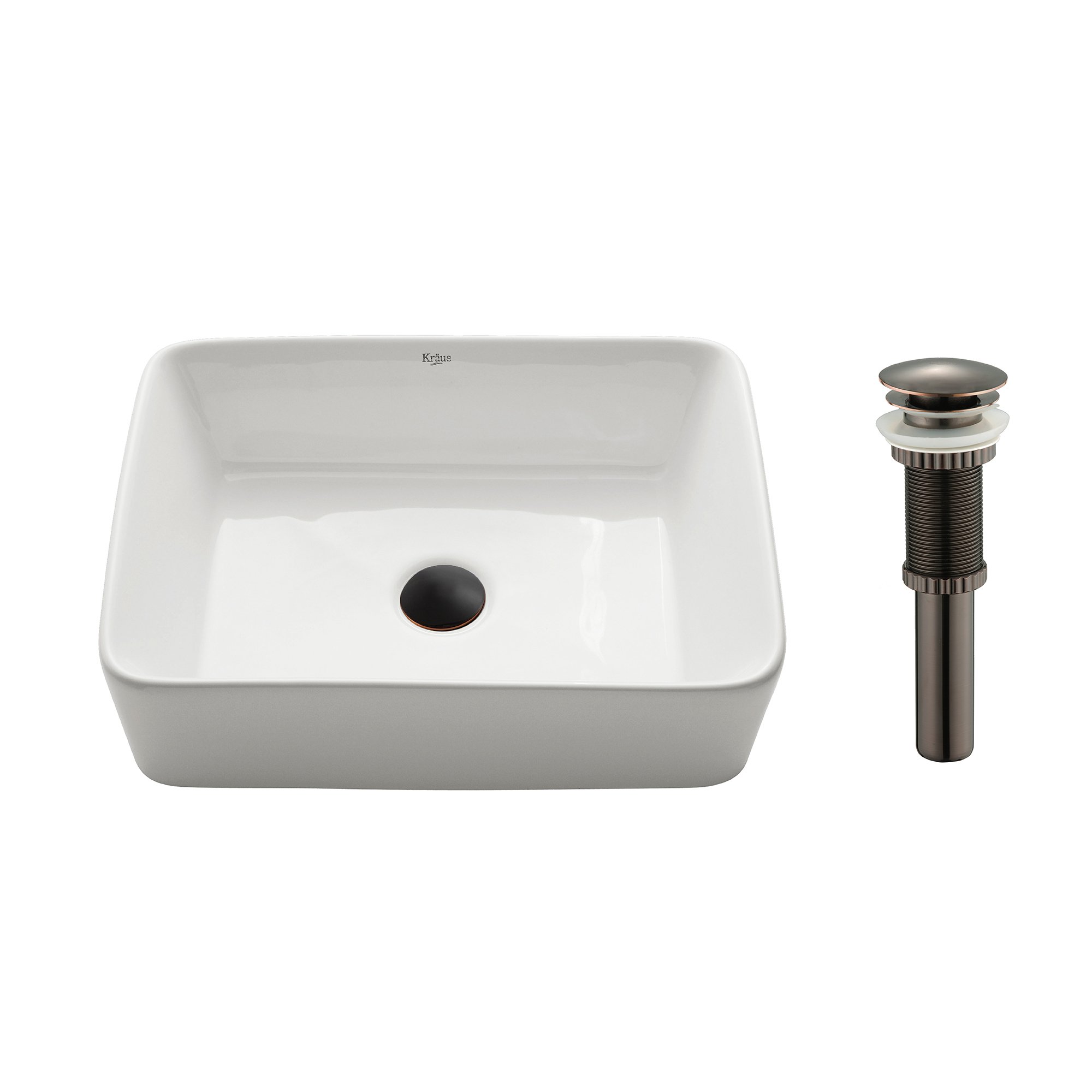 Kraus KCV-121-ORB White Rectangular Ceramic Kitchen Sink with Pop-Up Drain, Oil Rubbed Bronze Finish - Perfect for Modern Farmhouse & Rustic Bathroom Renovations