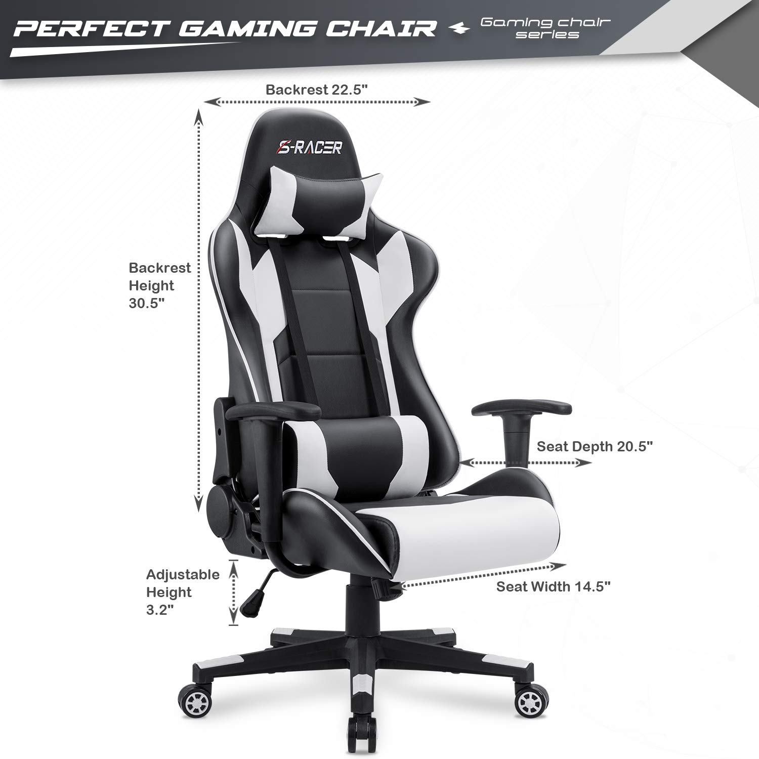 Furniwell Ergonomic Gaming Chair - High Back PU Leather Office Chair with Adjustable Headrest & Lumbar Support, Swivel Computer Desk Chair for Home & Office Use (White) - Perfect for Gaming, Working & Studying