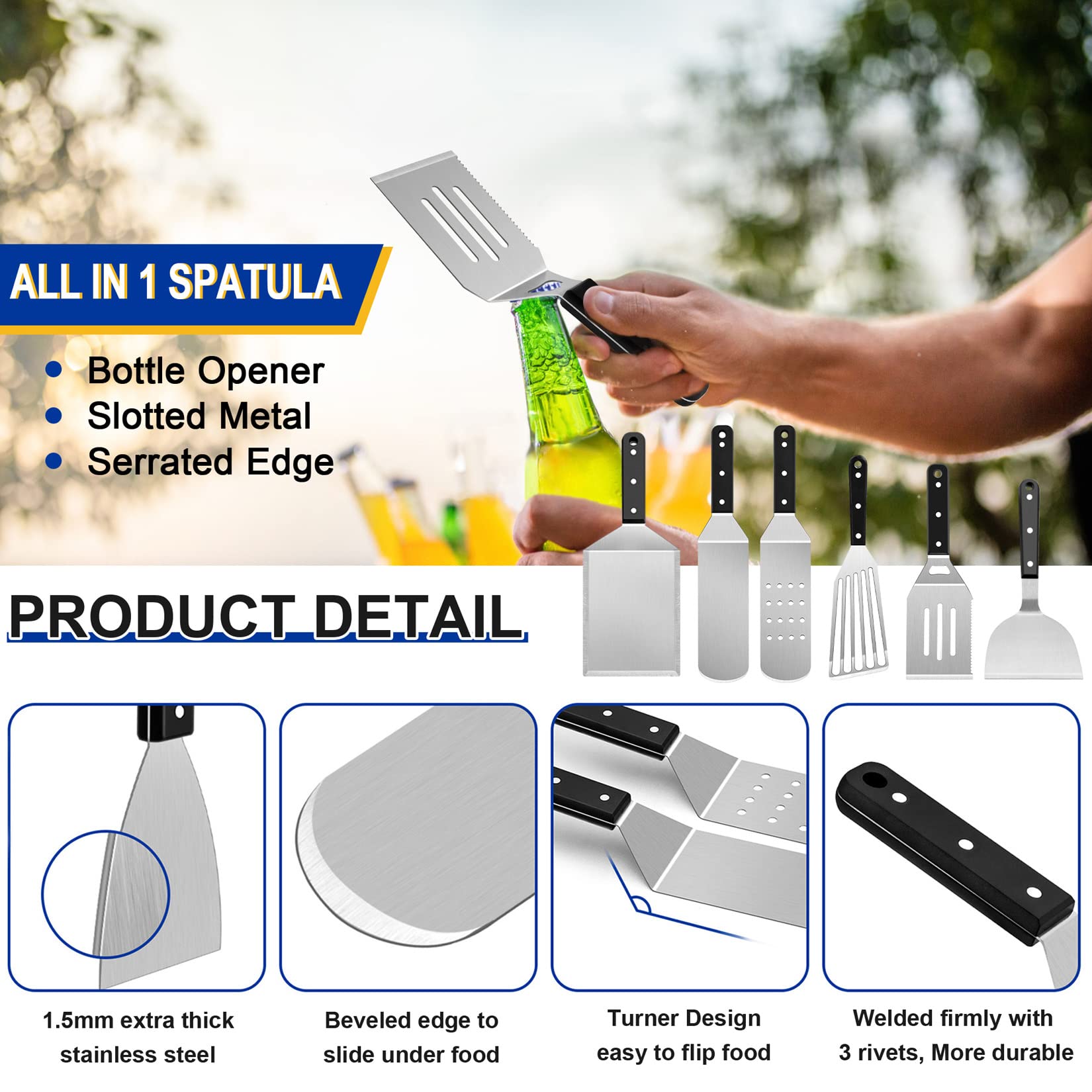 23Pcs Stainless Steel Griddle Accessories Kit - Joyfair BBQ Grilling Tool Set with Flat Top Spatulas & Cast Iron Burger Press - Perfect for Outdoor Hibachi, Teppanyaki, Camping & Backyard Cooking (ABS Handles)