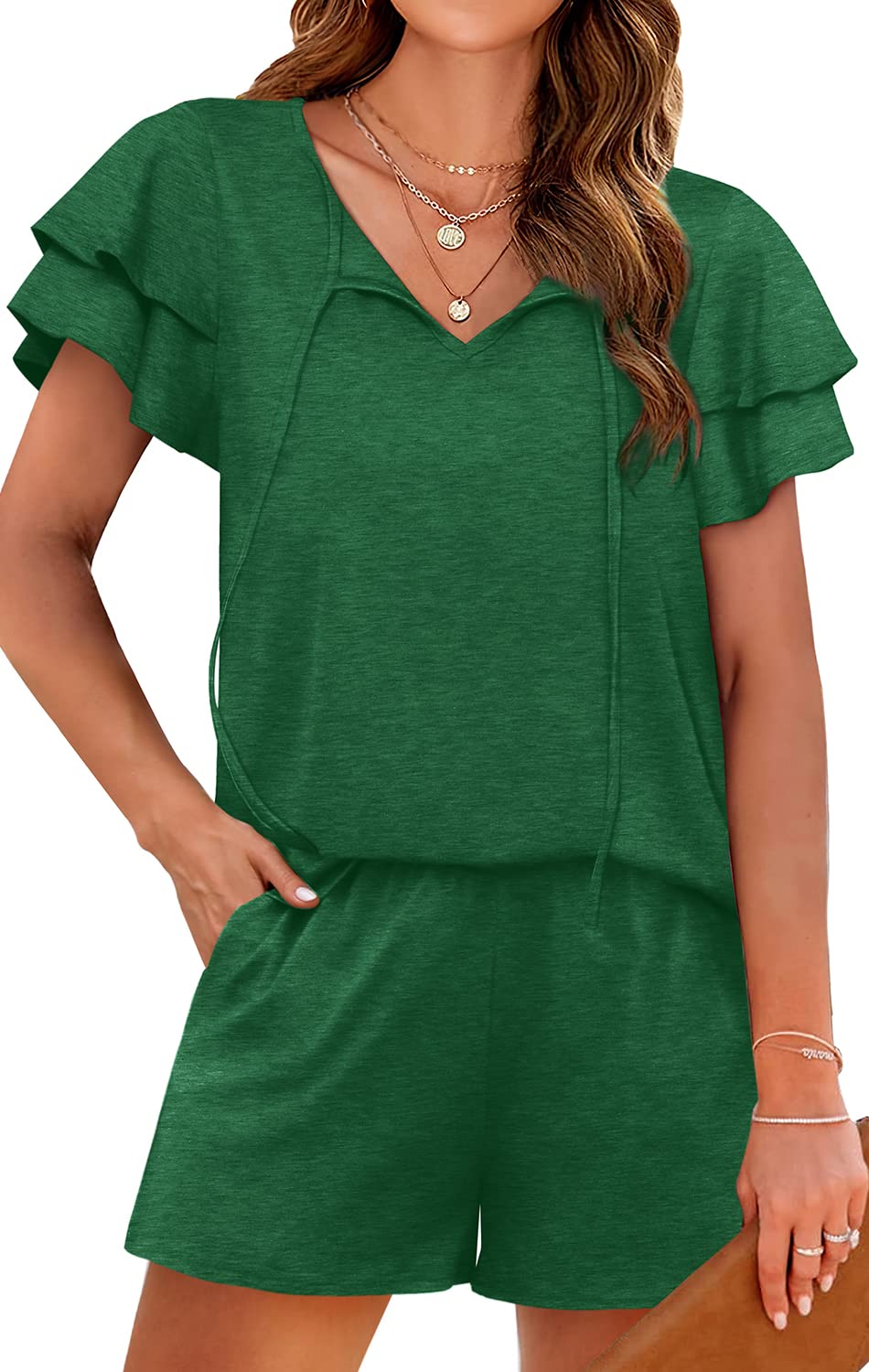 WIHOLL Women's 2-Piece Summer Outfit Set - Short Sleeve V-Neck Lounge Wear for Casual Comfort | Perfect for Beach Vacations, Yoga & Relaxing at Home