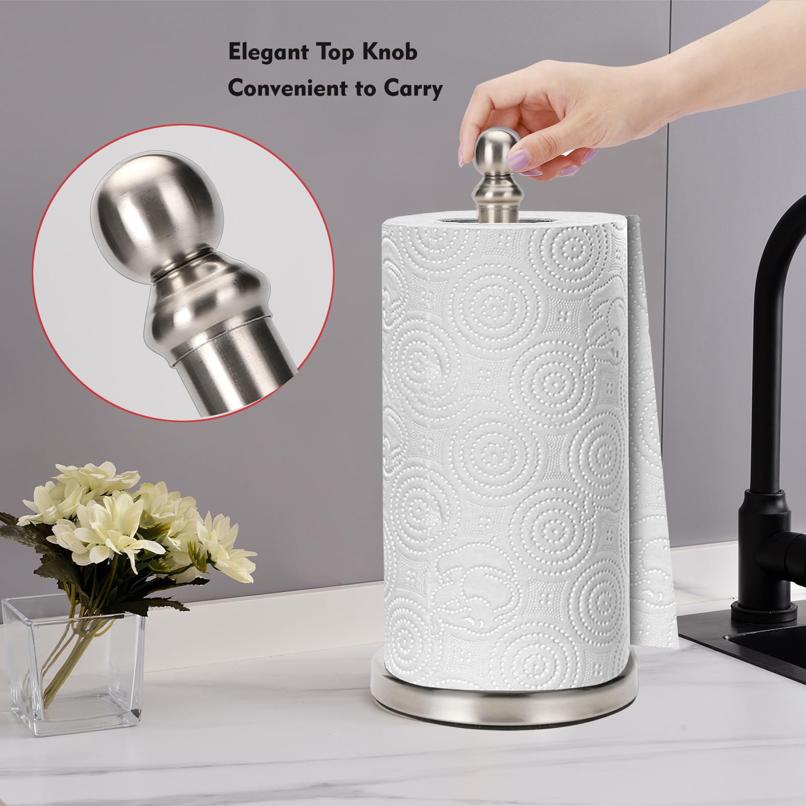 Sturdy Brushed Nickel Paper Towel Holder Stand for Kitchen Countertop - Durable & Space-Saving Towel Roll Organizer for Home, Office, or Restaurant Use