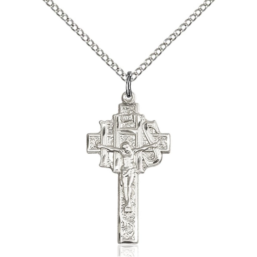 Bonyak Sterling Silver Crucifix-IHS Pendant Necklace - 1 X 1/2 Inch Religious Jewelry with 18 Inch Silver Curb Chain - Perfect for Baptism, First Communion & Christian Gifts