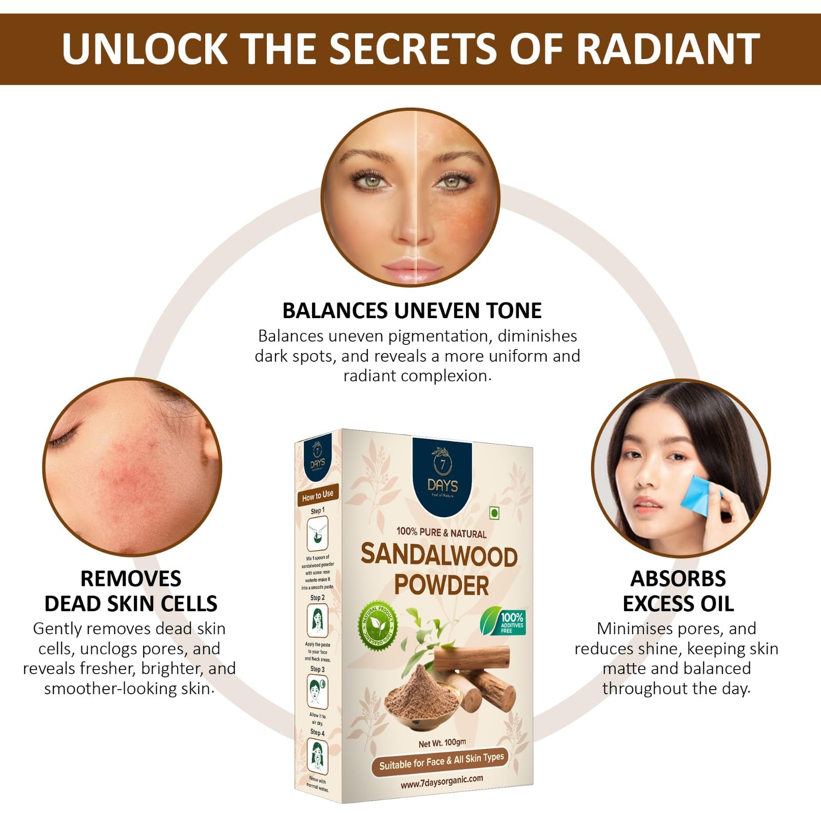 7 DAYS Sandalwood Face Pack Powder - 100% Pure Santalum Album (Chandan) for Glowing Skin & Acne Treatment | Natural Face & Body Care | Perfect for Spa Days & Daily Skincare Routine
