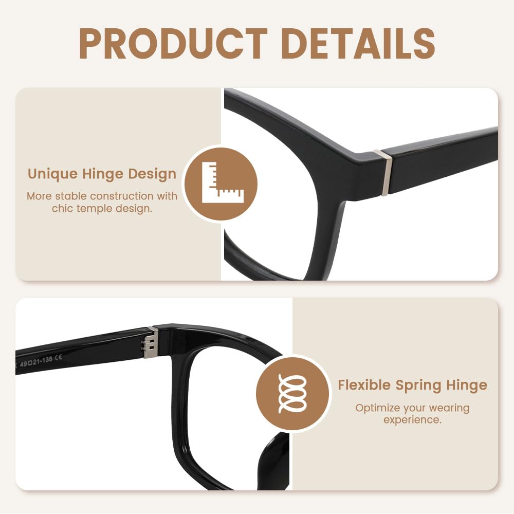 JiSoo Women's Reading Glasses 1.25 Magnification - Oversized Designer Readers with Spring Hinge for Comfort (Black) - Perfect for Reading Books, Using Smartphones, and Working on Computers