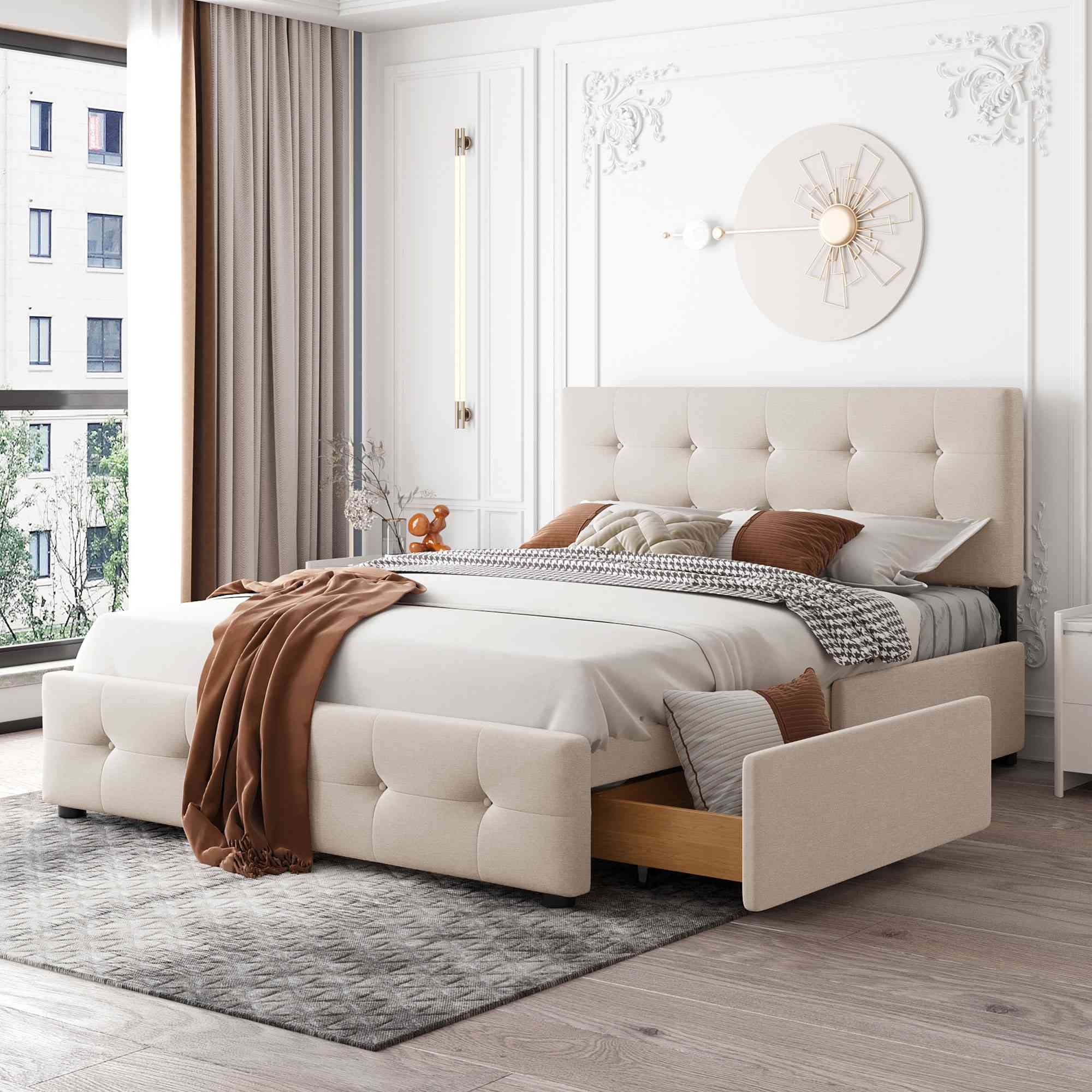 Cotoala Queen Size Linen Fabric Upholstered Platform Bed with 4 Storage Drawers & Classic Headboard - No Box Spring Needed | Modern Bedroom Furniture for Small Spaces & Guest Rooms