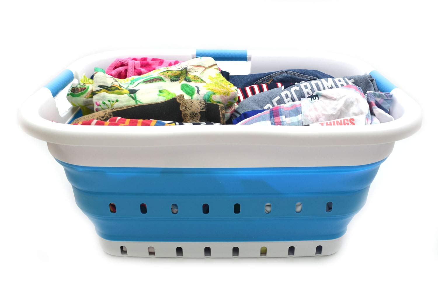 Sammart 41L Foldable Laundry Basket with 3 Handles - Collapsible Storage Organizer for Clothes, Toys & Home Essentials - Portable & Space Saving Hamper (White/Sky Blue) - Perfect for Dorm, Apartment & Travel Use