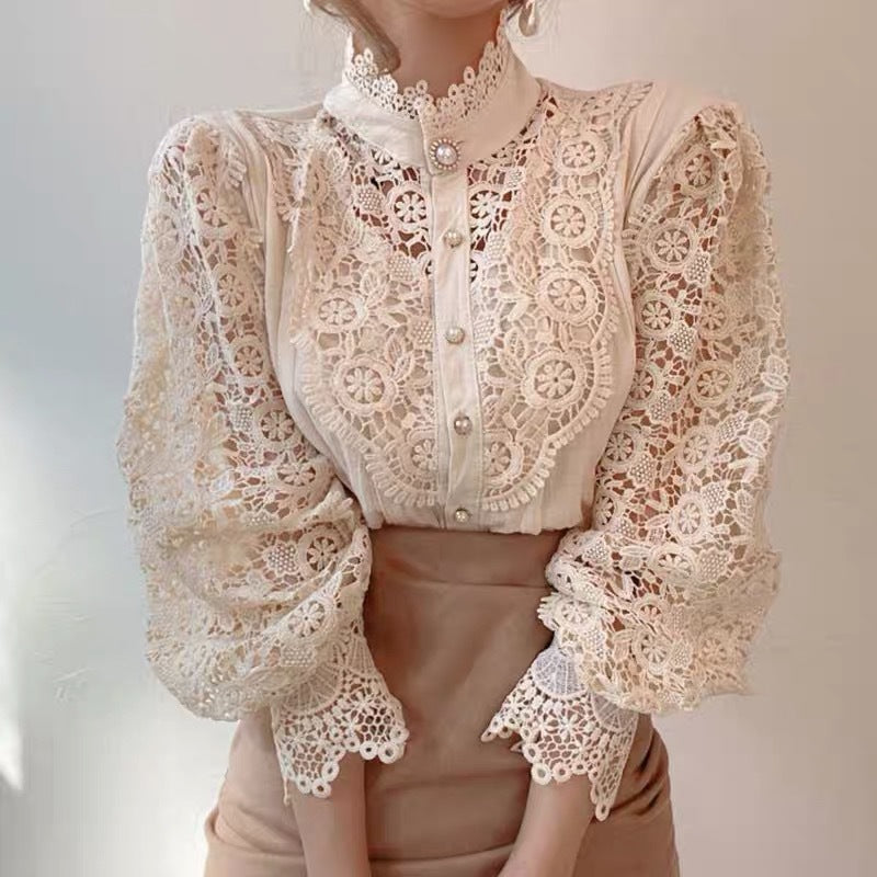 French Loose Lace Hollow Floral Long Sleeve Stand Collar Blouse for Women - Elegant Office Wear & Spring Fashion Top 724