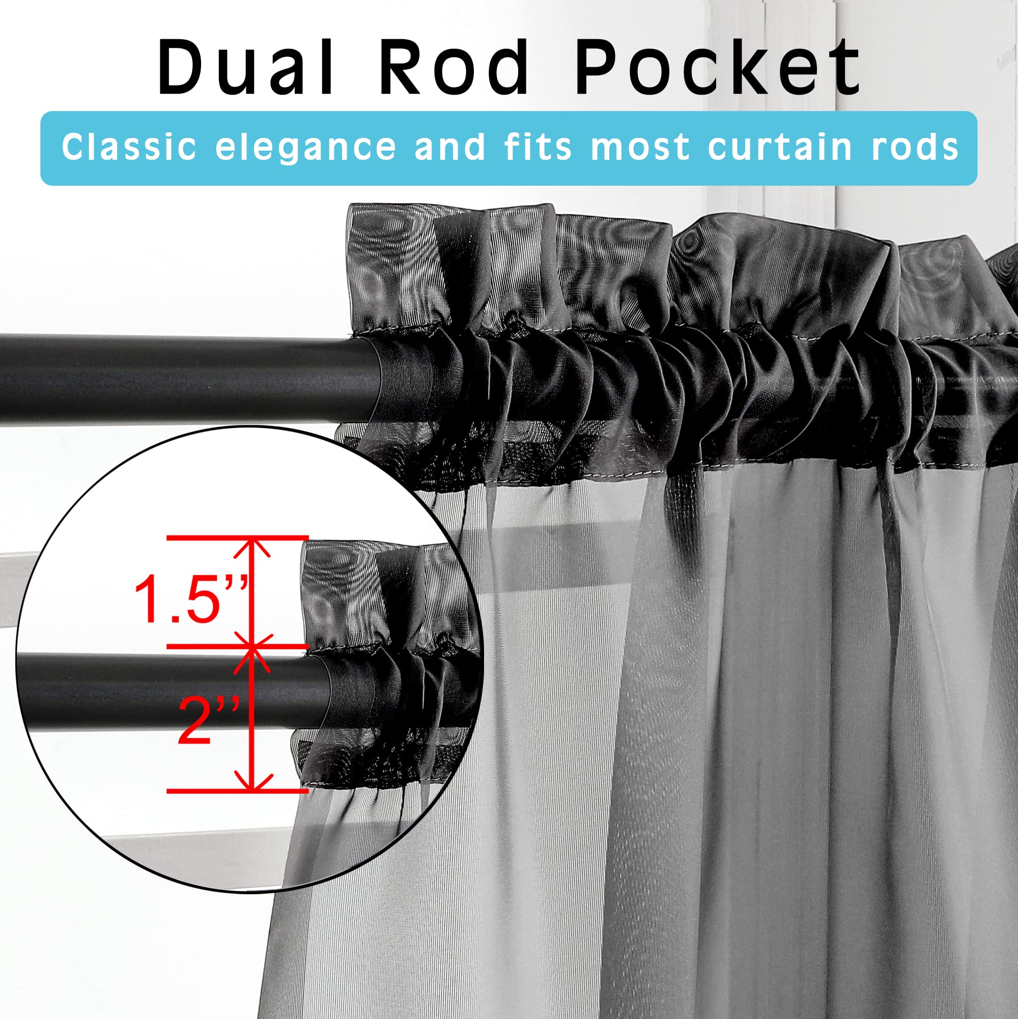 OVZME 45 Inch Black Sheer Voile Curtains - 2 Panel Set with Rod Pocket for Small Windows (42