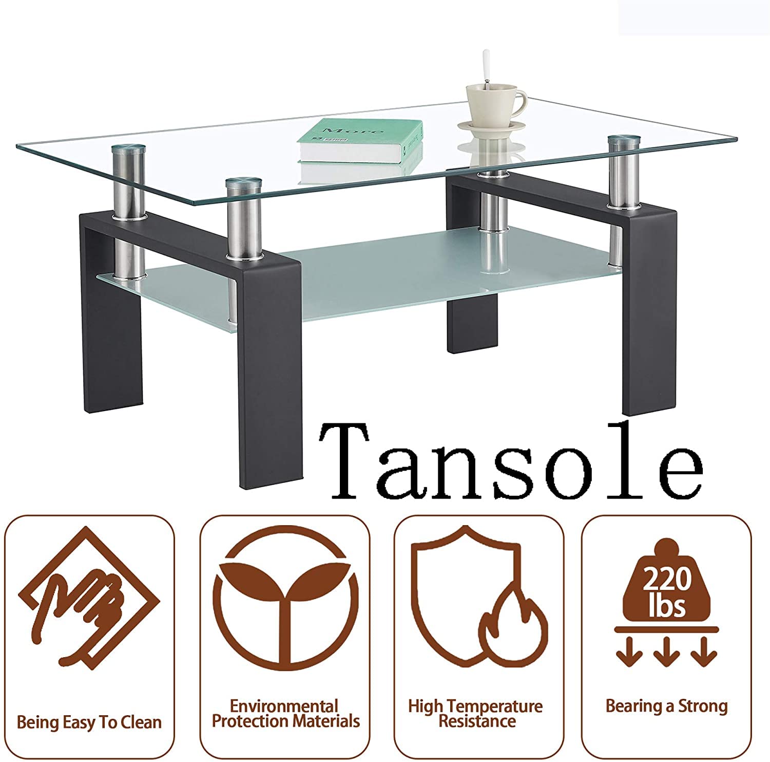 Modern Rectangle Tempered Glass Coffee Table with Sturdy Metal Legs - Perfect for Living Room, Home Office & Conversation Areas - Durable Glass End Table for Leisure & Entertainment Spaces