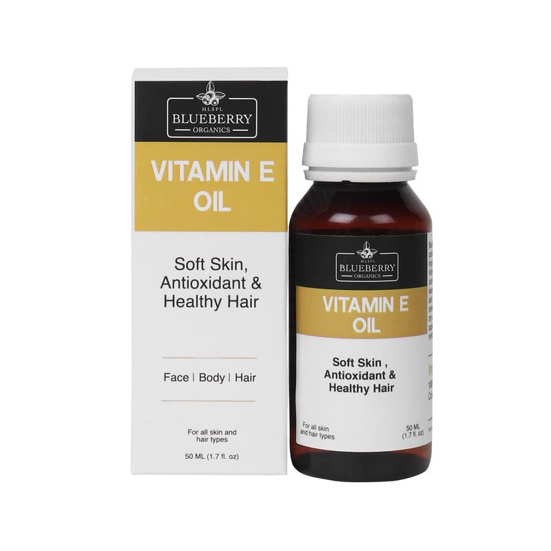 MLSPL BLUEBERRY ORGANICS Vitamin E Oil for Skin & Hair Care - 100% Natural Therapeutic Oil, 50ml - Perfect for Dry Skin Treatment, Hair Growth & Anti-Aging