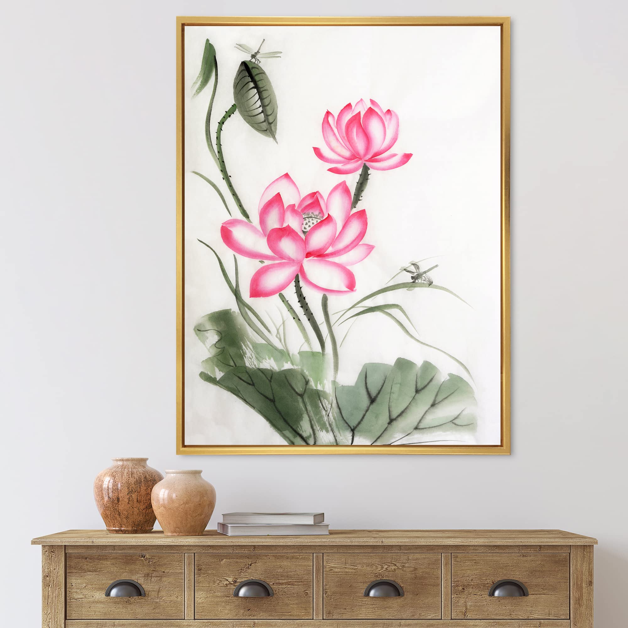 DesignQ Lotus and The Dragonfly I - Traditional Asian Framed Canvas Wall Art Print for Living Room, Bedroom & Office Decor