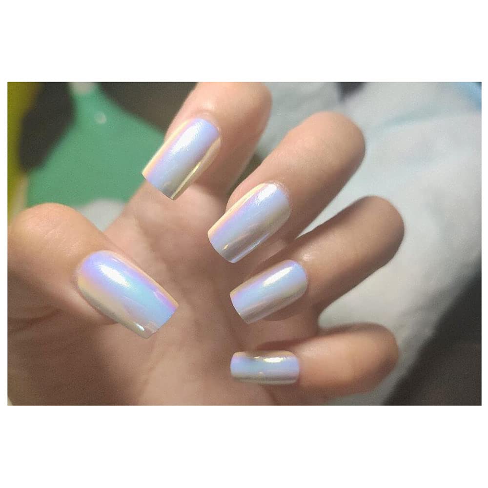 24 Pcs Square False Nails - Pearl Color Mirror Chrome Full Cover Fake Nails for Women, Acrylic Press on Nails with Glue, Perfect for Parties, Weddings & Special Occasions