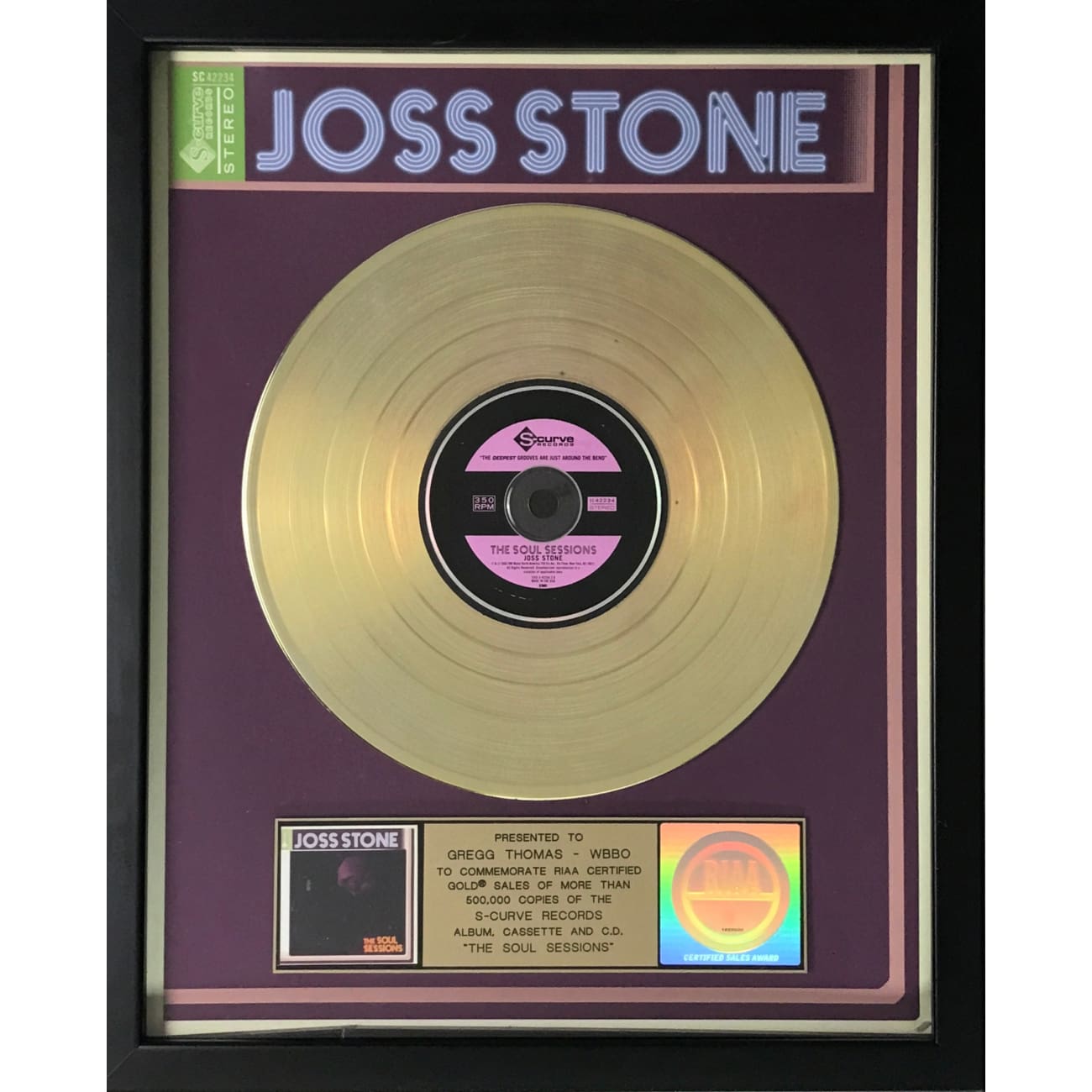 Joss Stone The Soul Sessions RIAA Gold Album Award - Certified Gold Record for Music Lovers & Collectors - Perfect for Home Decor, Music Rooms & Gift Giving